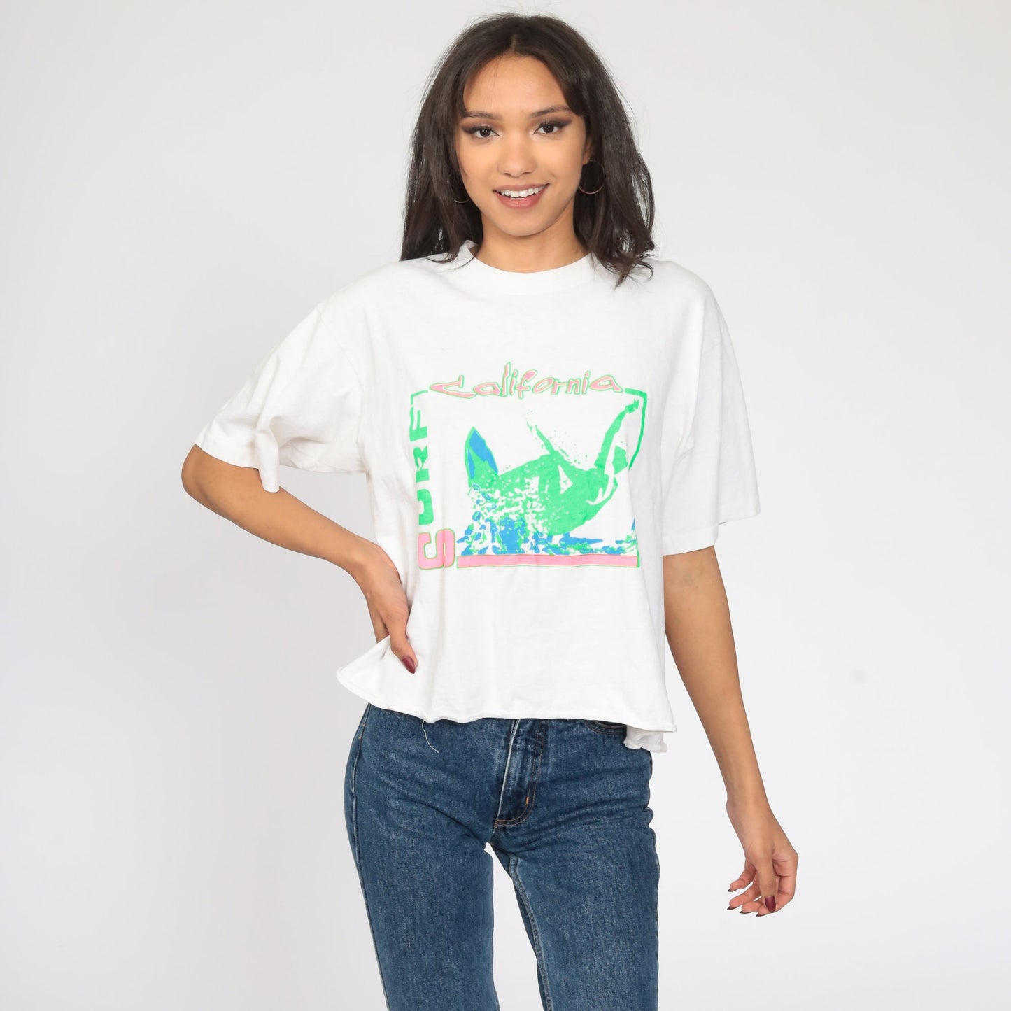 90s Neon Surfer Graphic T-Shirt California White Green Crop Large L