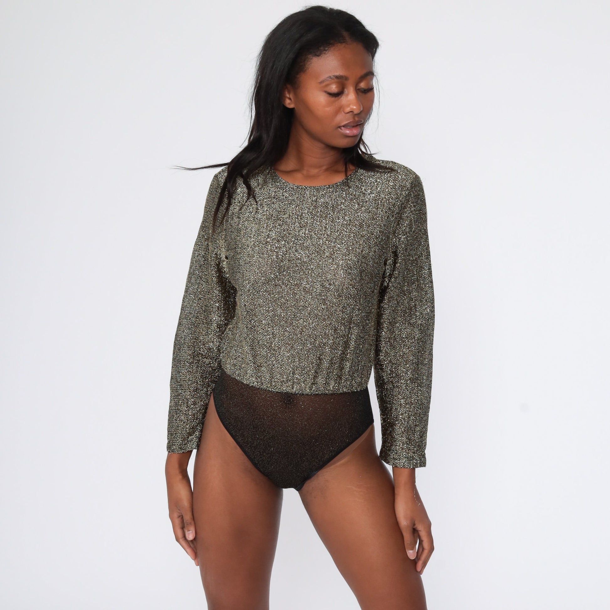 80s Victoria's Secret Metallic Gold Bodysuit Long Sleeve Blouson Small