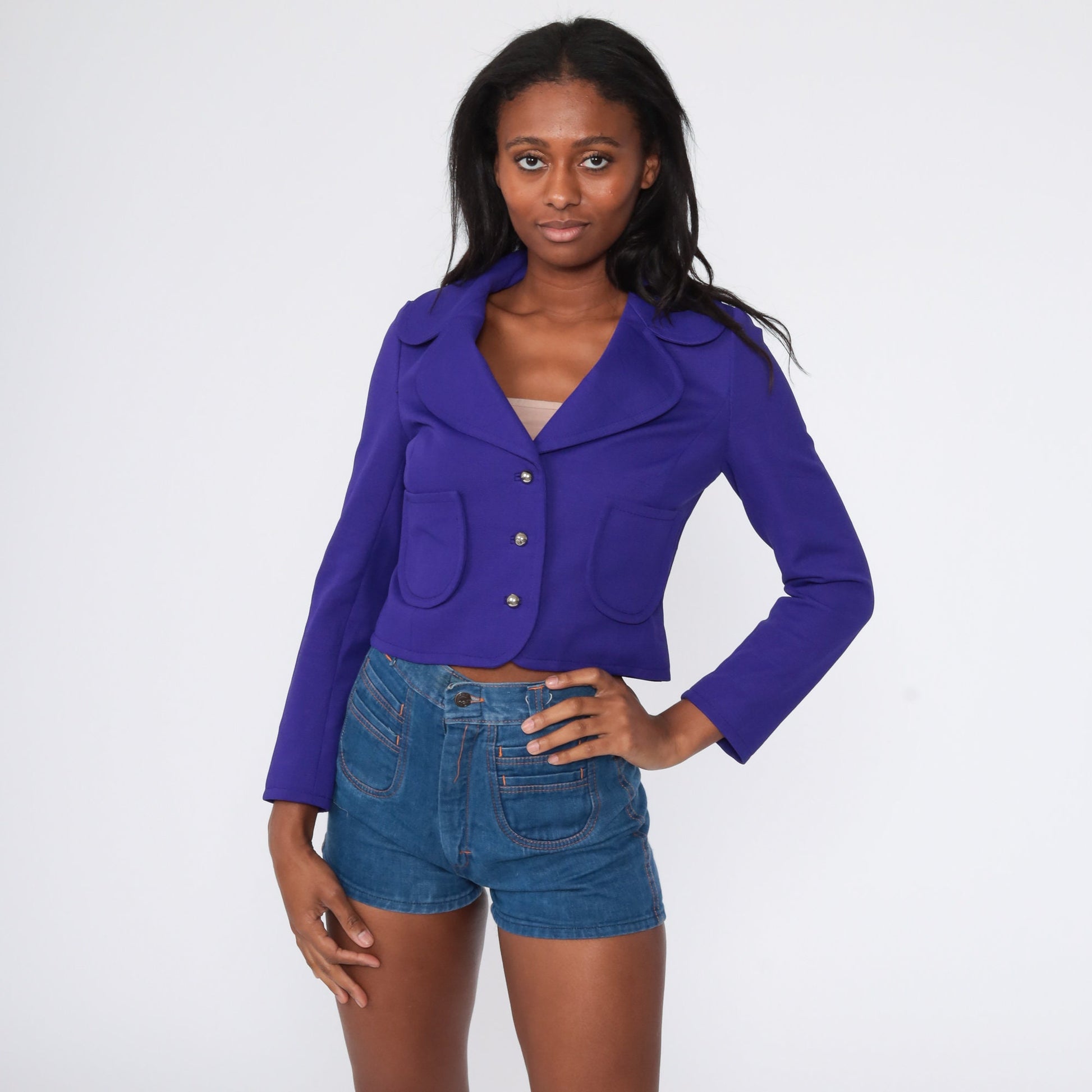 60s Butte Knit Cropped Jacket Purple Button Up Extra Small