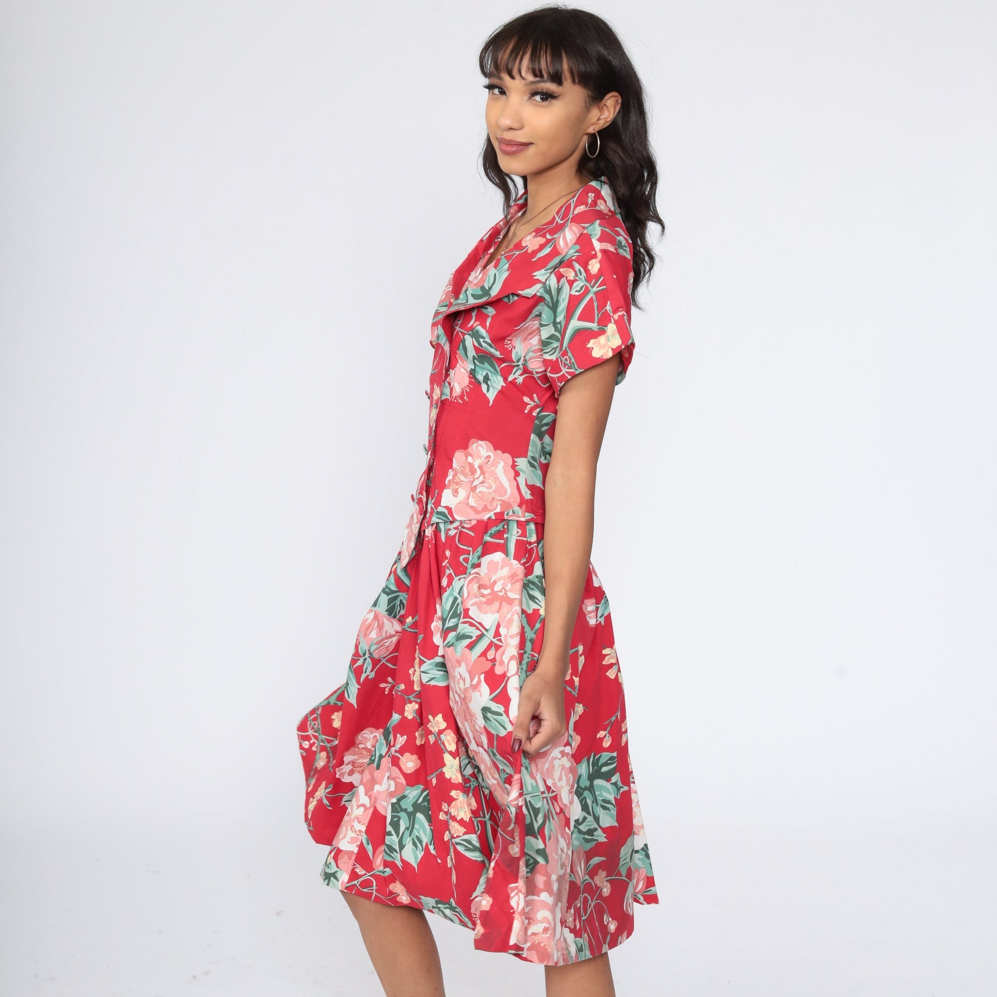 90s Red Floral Midi Dress High Waist Button Up Full Skirt Small