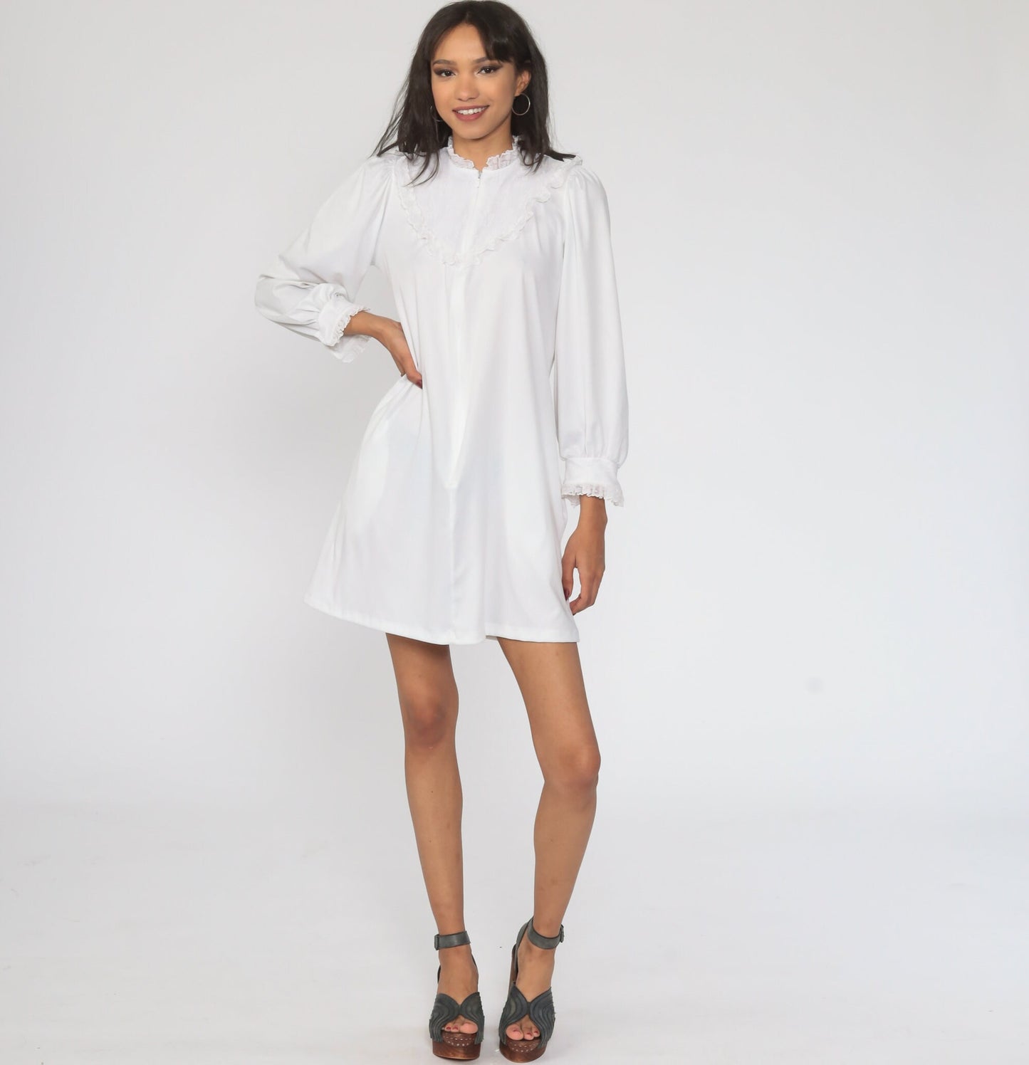 70s White Lace Bib Mini Dress Puff Sleeve Shift Small