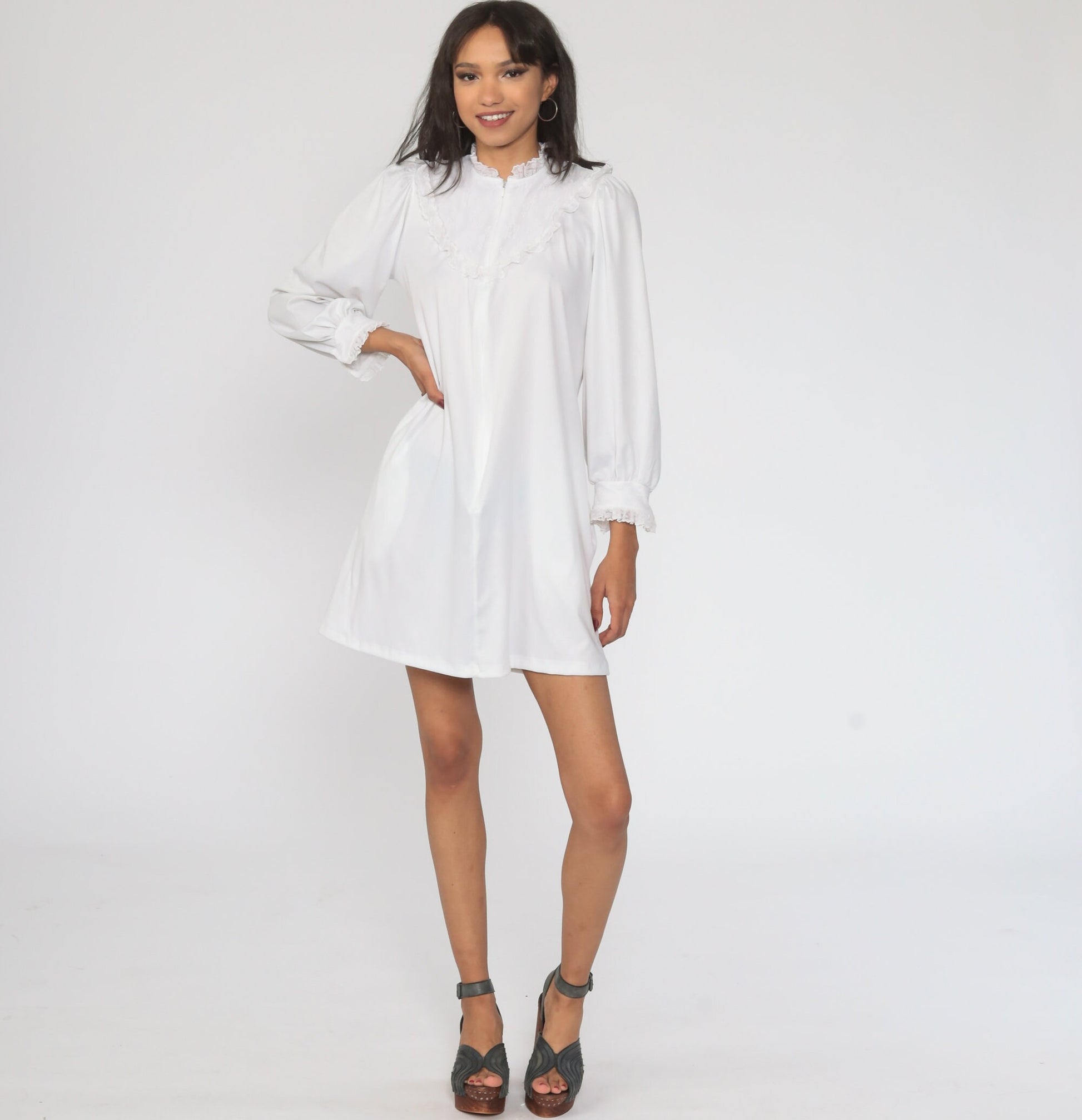 70s White Lace Bib Mini Dress Puff Sleeve Shift Small