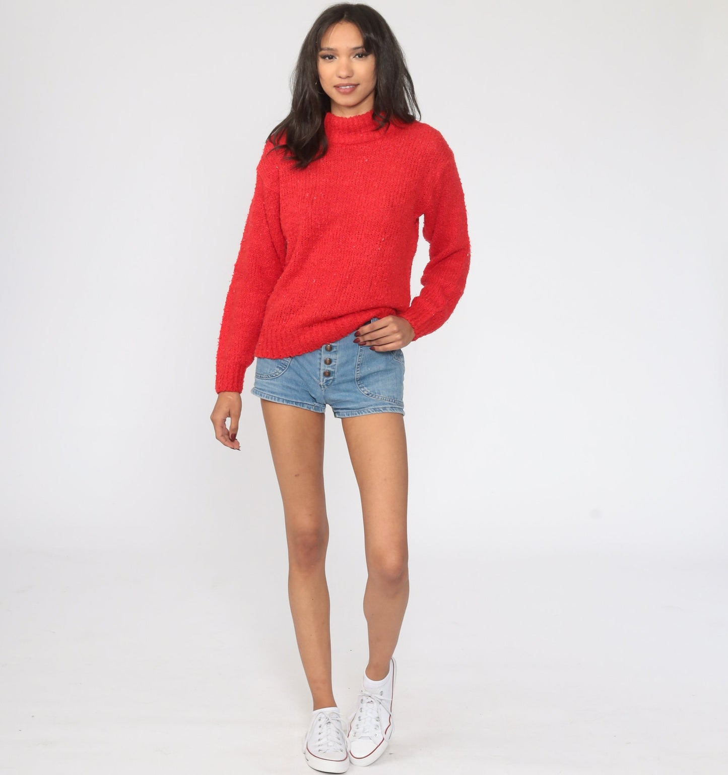 80s Red Mock Neck Knit Pullover Sweater Small Medium