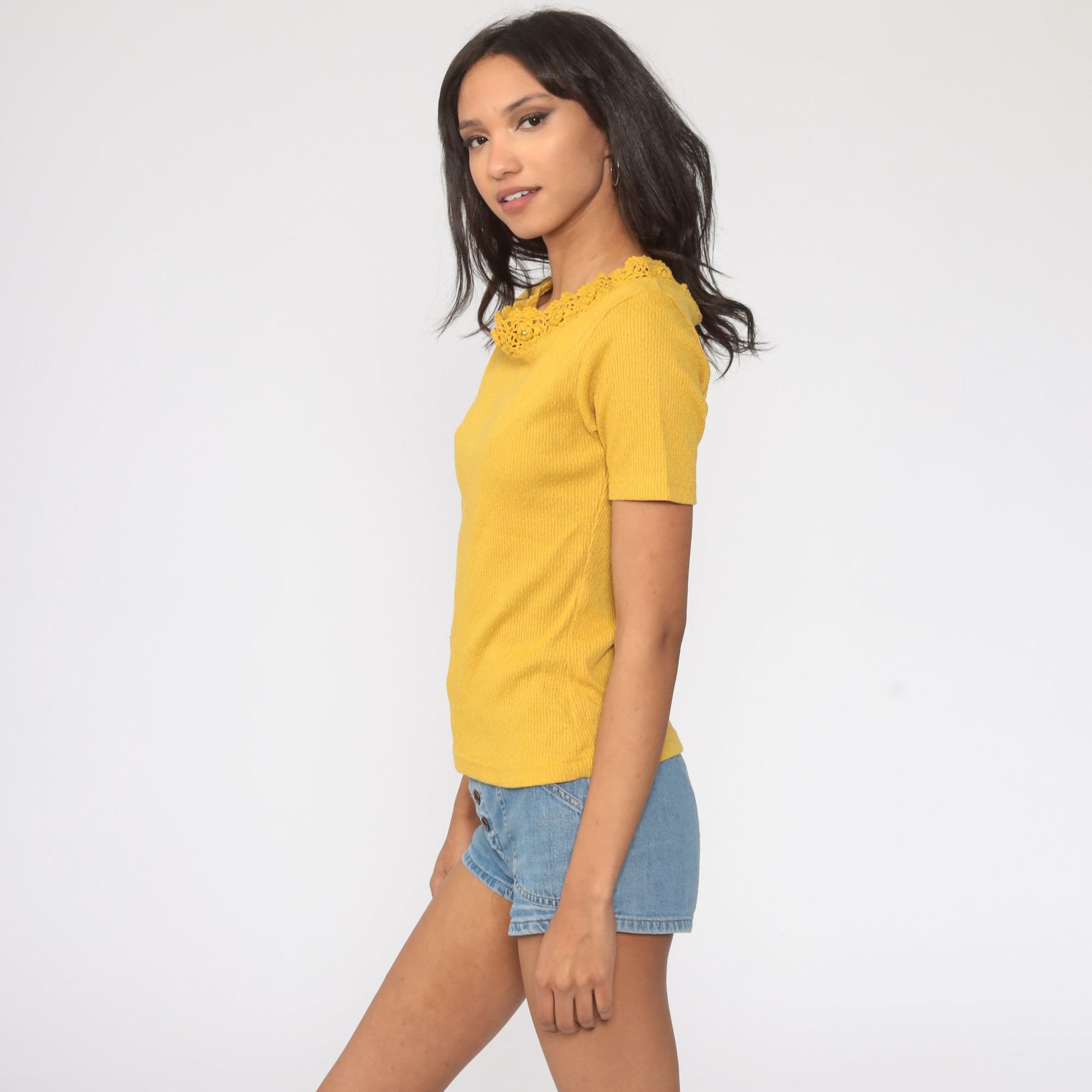 80s Mustard Yellow Crochet Trim Blouse Cotton Short Sleeve Small
