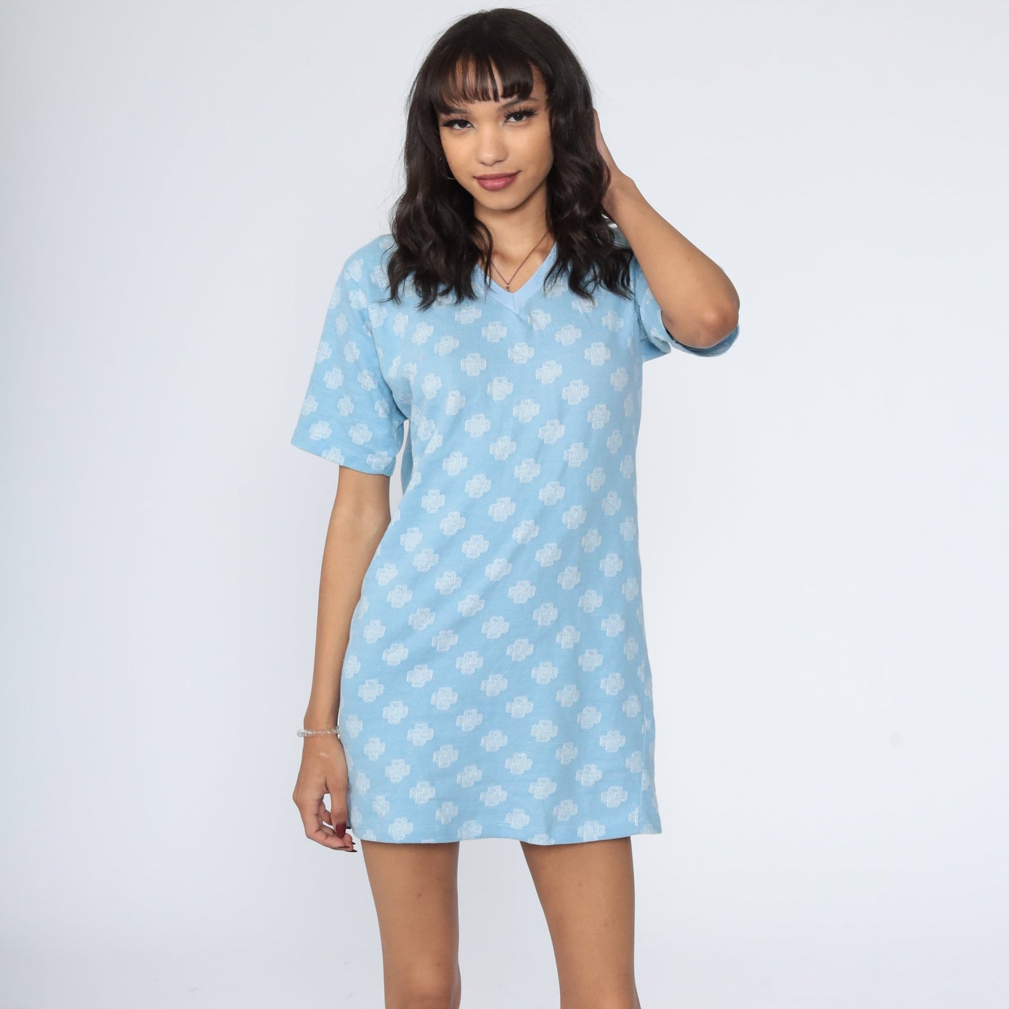 70s Geometric Print Shift Dress Mini Length Cotton Short Sleeve Medium