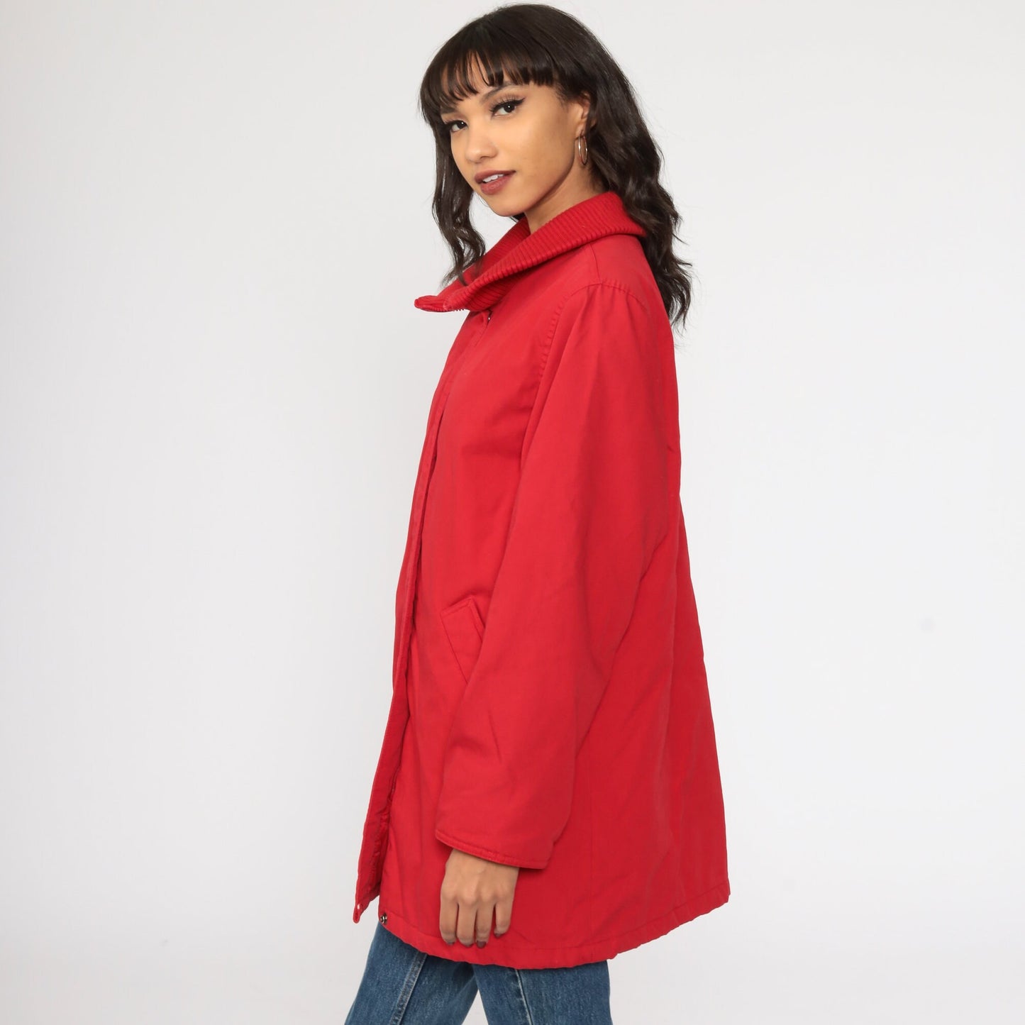 80s Windsor Bay Red Cotton Windbreaker Jacket Knit Collar Medium