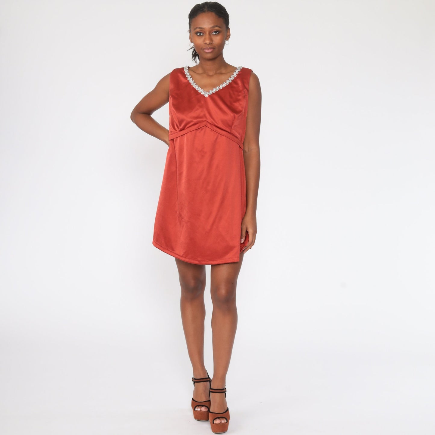 70s Rust Red Metallic Trim Empire Waist Mini Dress Sleeveless Large