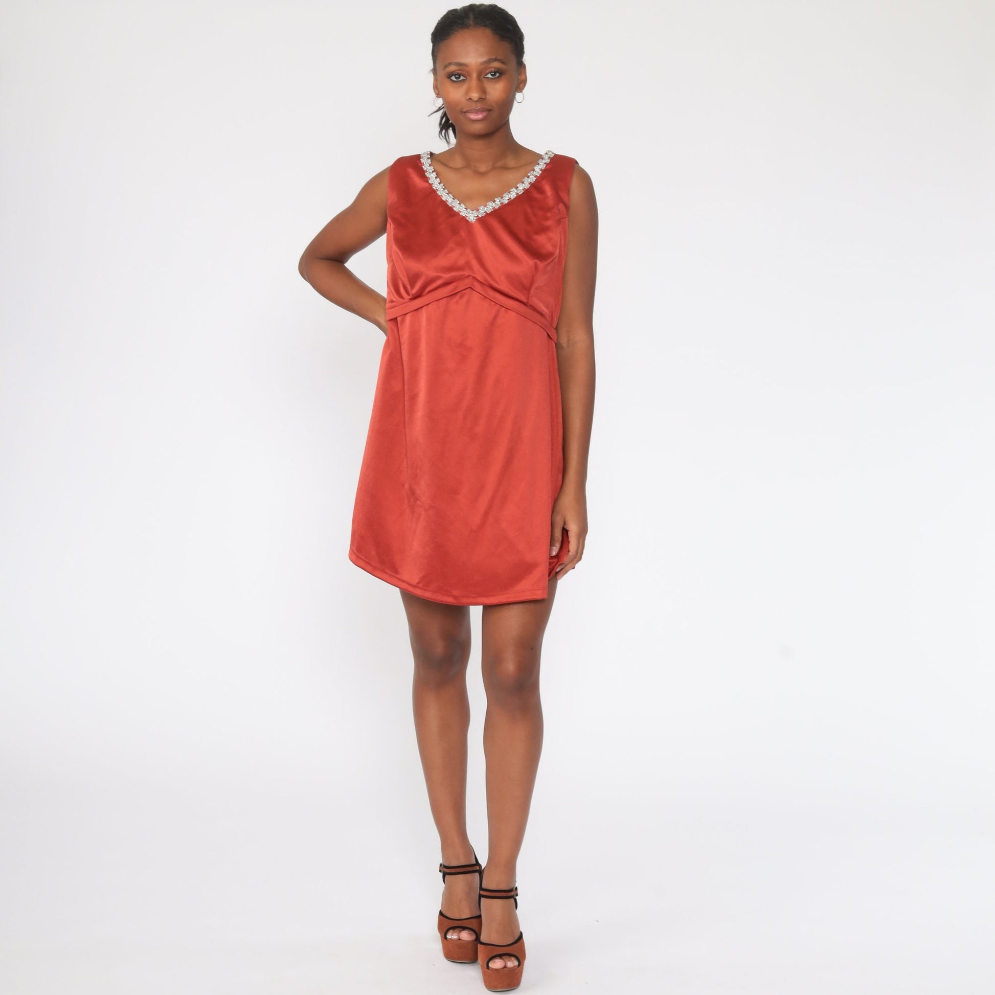 70s Rust Red Metallic Trim Empire Waist Mini Dress Sleeveless Large