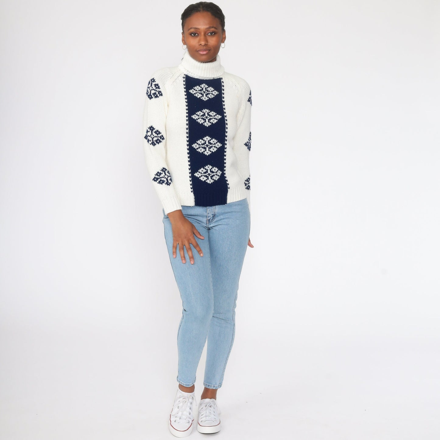 70s White Geometric Turtleneck Sweater Raglan Pullover Extra Small XS