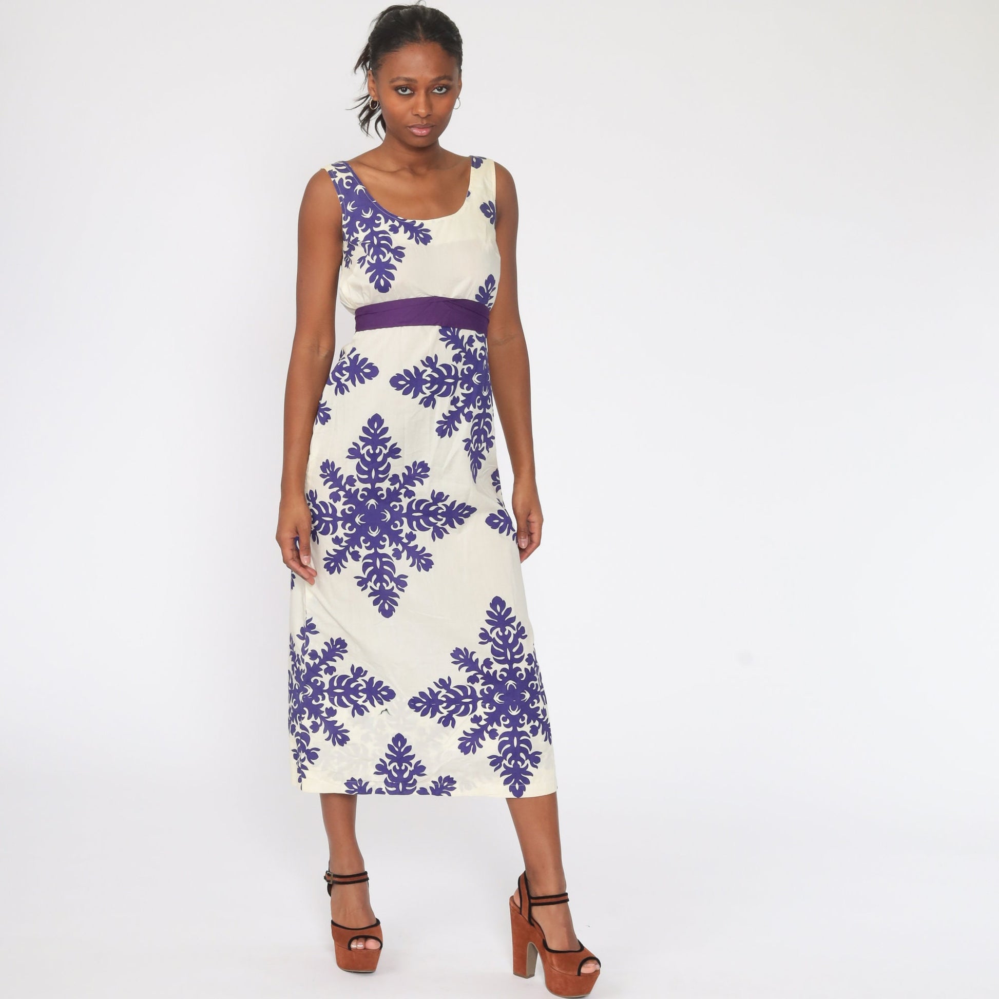 70s Floral Midi Dress Empire Waist Sleeveless White Purple Extra Small