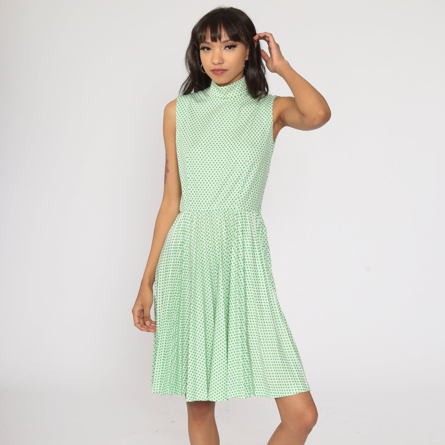 70s Green Polka Dot Midi Dress High Waist Pleated Mock Neck Extra Small