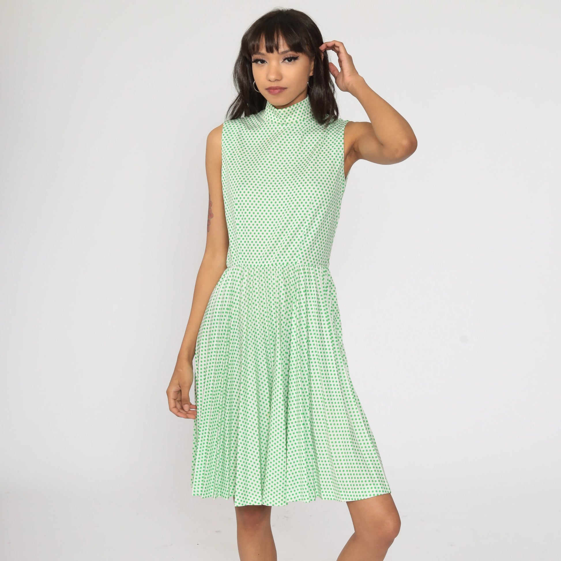 70s Green Polka Dot Midi Dress High Waist Pleated Mock Neck Extra Small