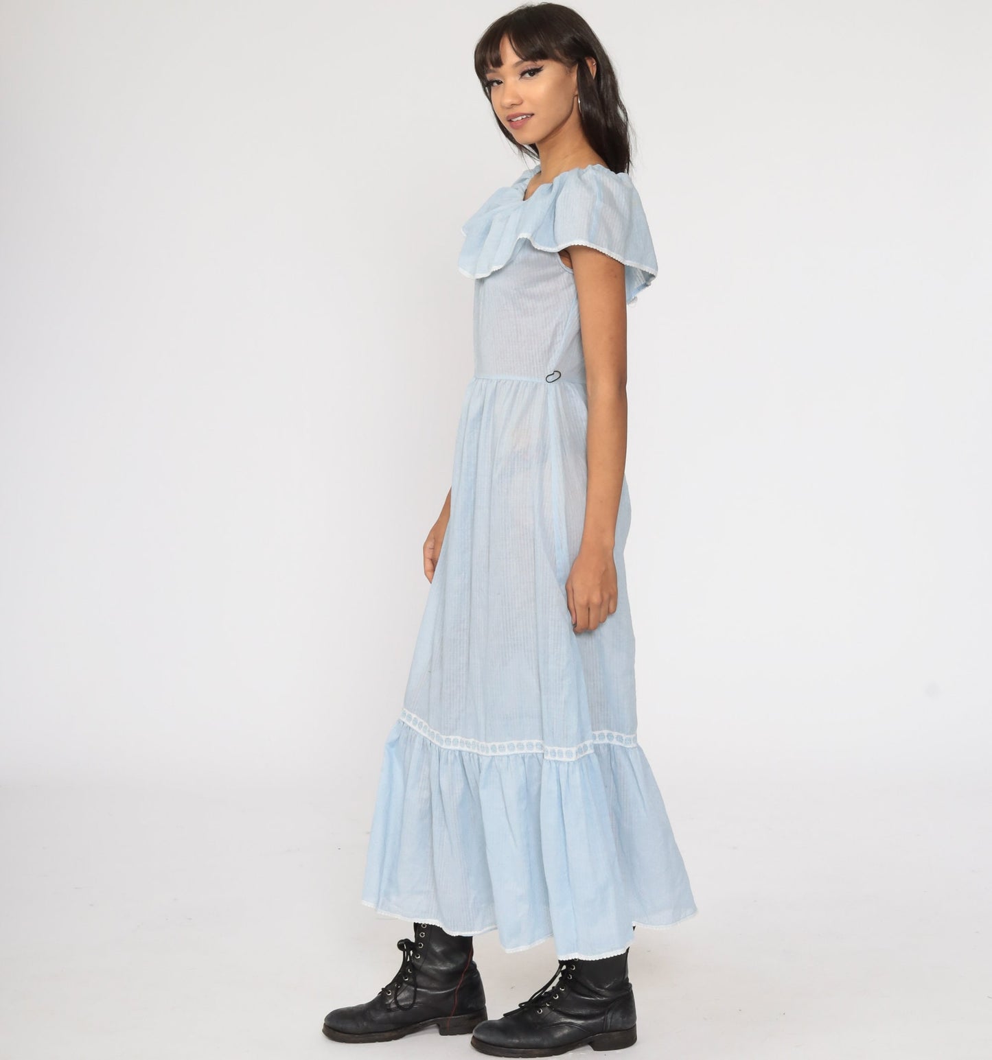 70s Blue Striped Peasant Maxi Dress Off-Shoulder Elastic Neckline Extra Small