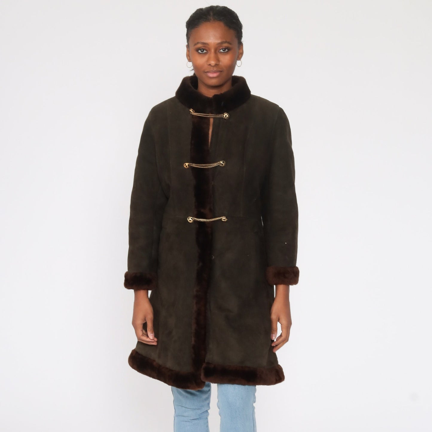 80s Brown Suede Coat Fur Lined Long Jacket Small