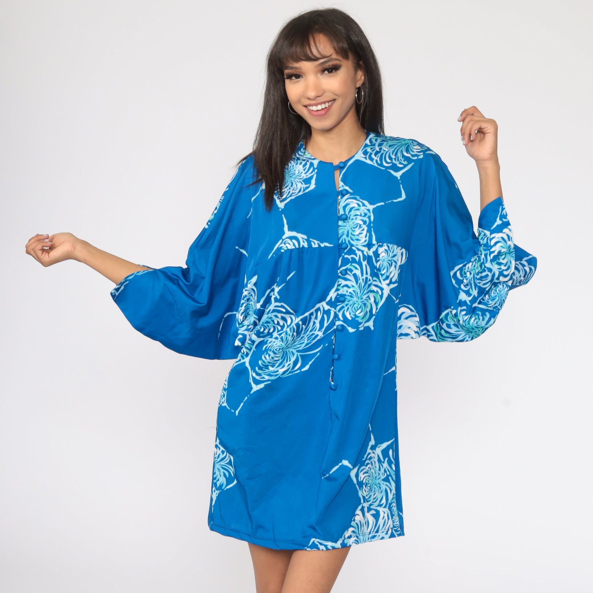 70s Liberty House Floral Shift Dress Blue Dolman Sleeve Mini Medium