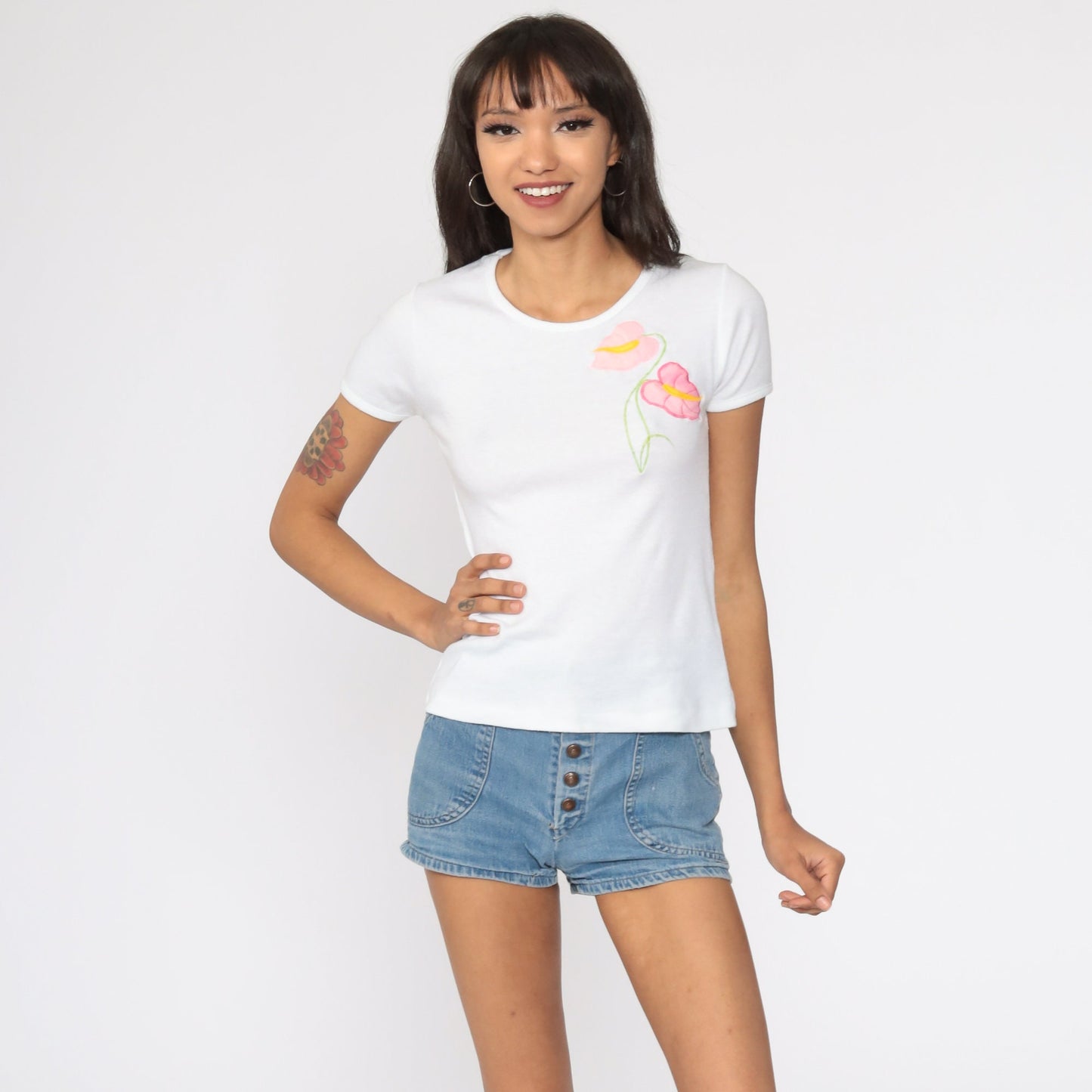 80s Hawaiian Floral T-Shirt White Cap Sleeve Baby Tee Small
