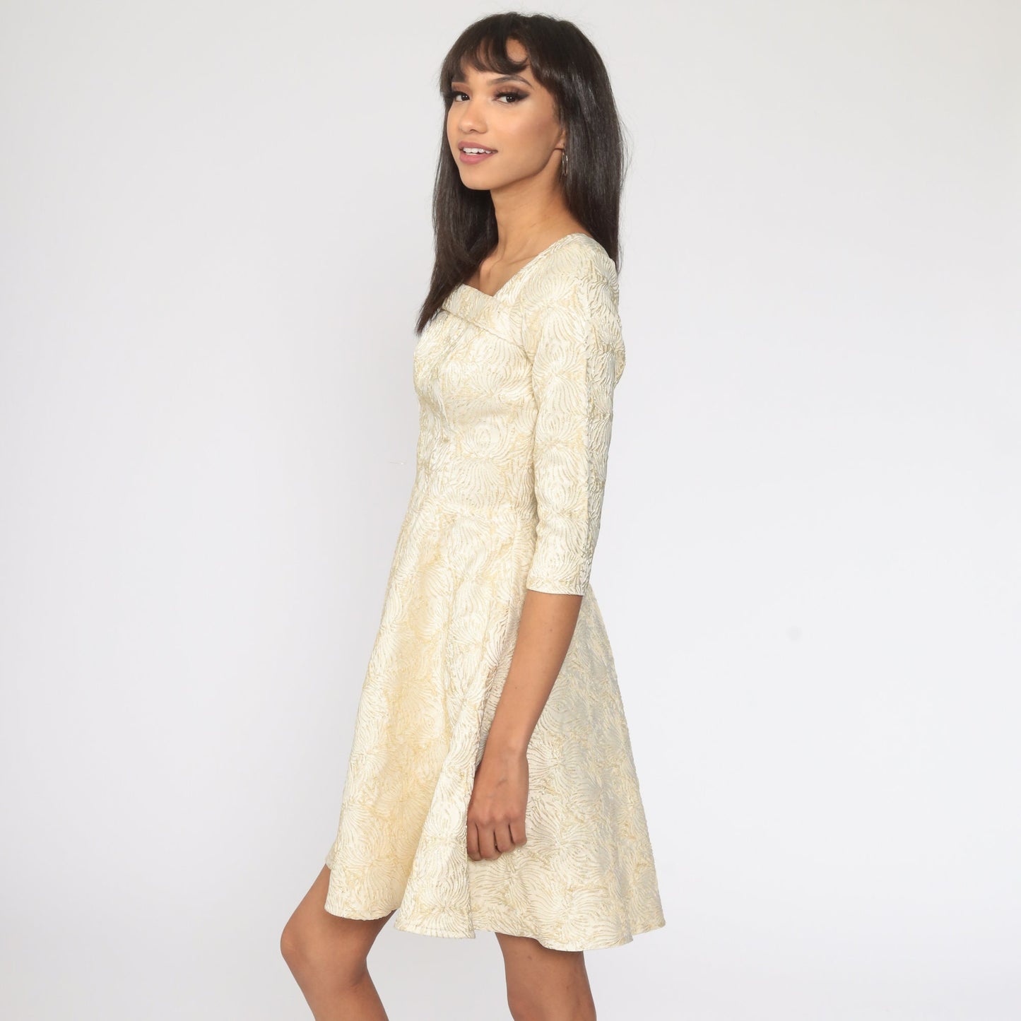 1960s Gold Brocade Mini Dress Fit and Flare Cocktail Party Extra Small XS