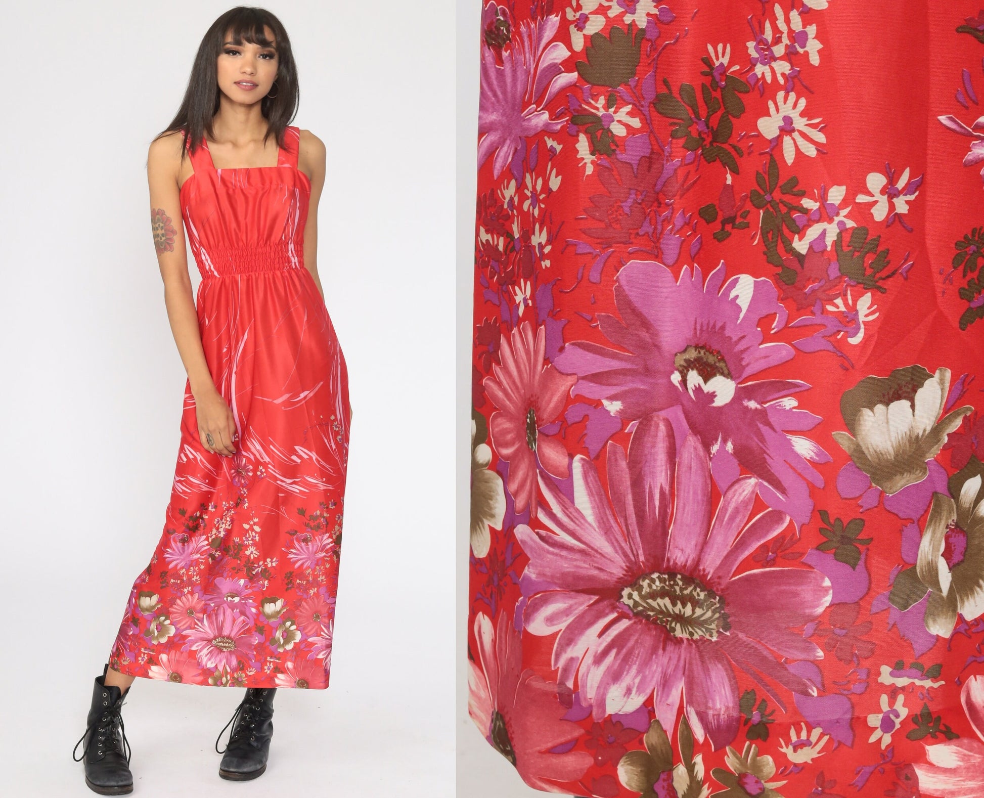70s Floral Maxi Sundress Smocked Waist Spaghetti Strap Red Extra Small