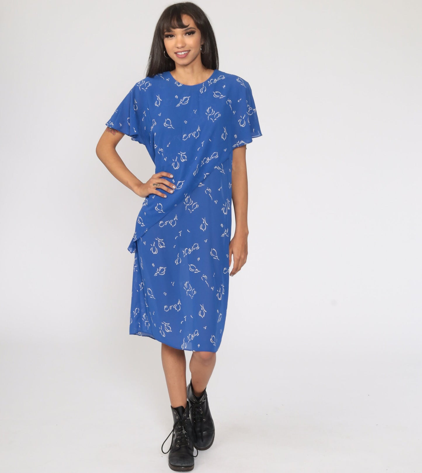90s Floral Shift Dress Blue Flutter Sleeve Midi Semi-Sheer Medium