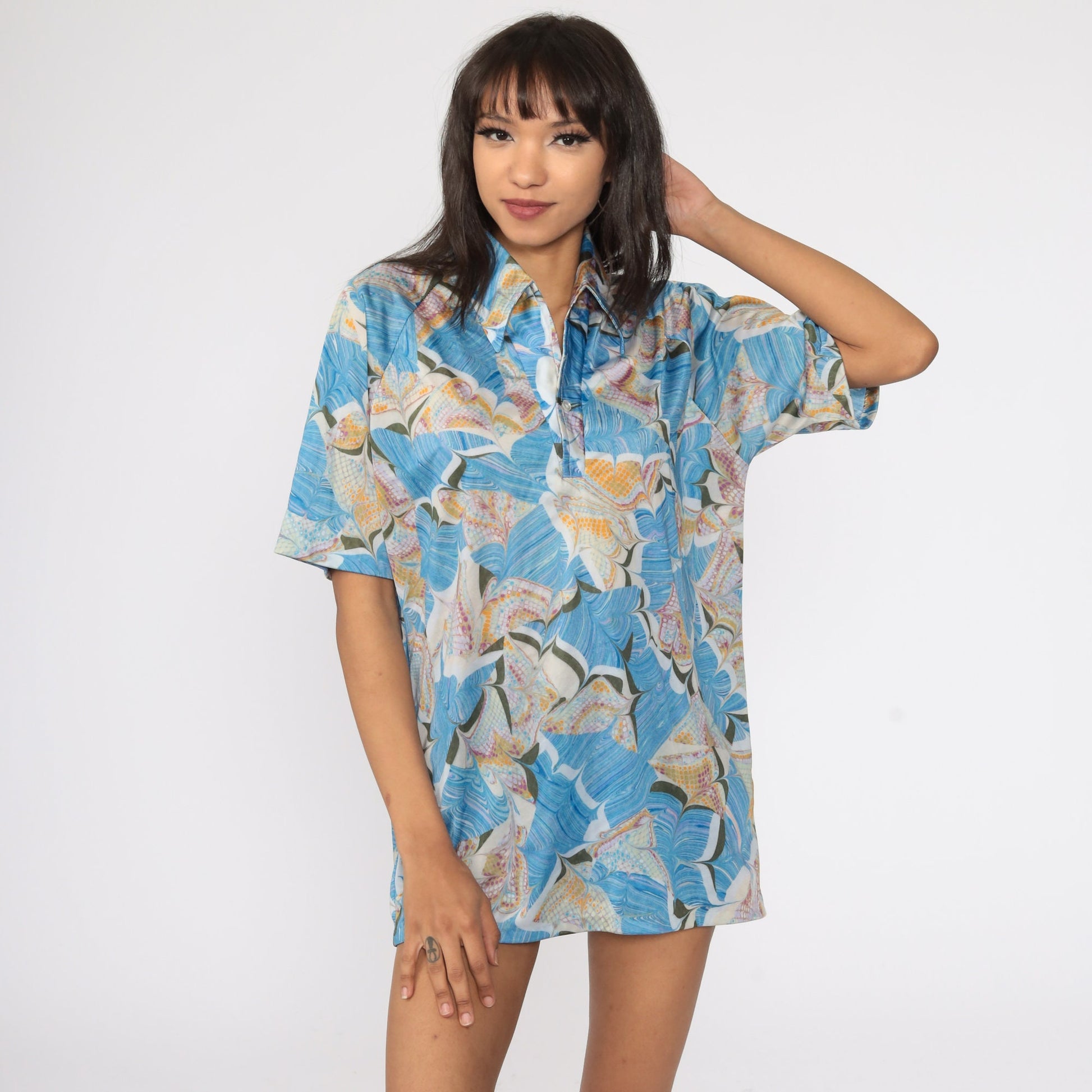 70s Psychedelic Acid Print Button Up Shirt Blue Large