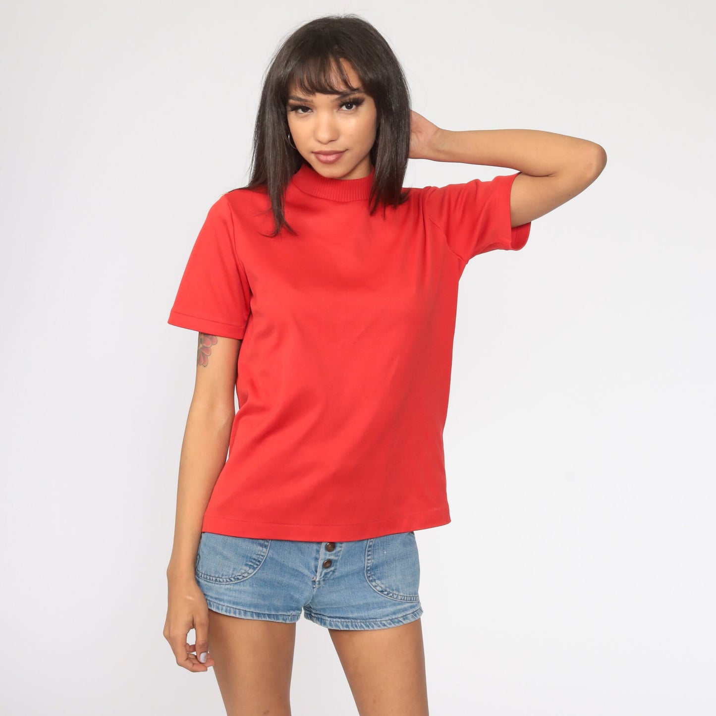 70s Red Mock Neck Ribbed Shirt Short Sleeve Vintage Blouse Medium Large