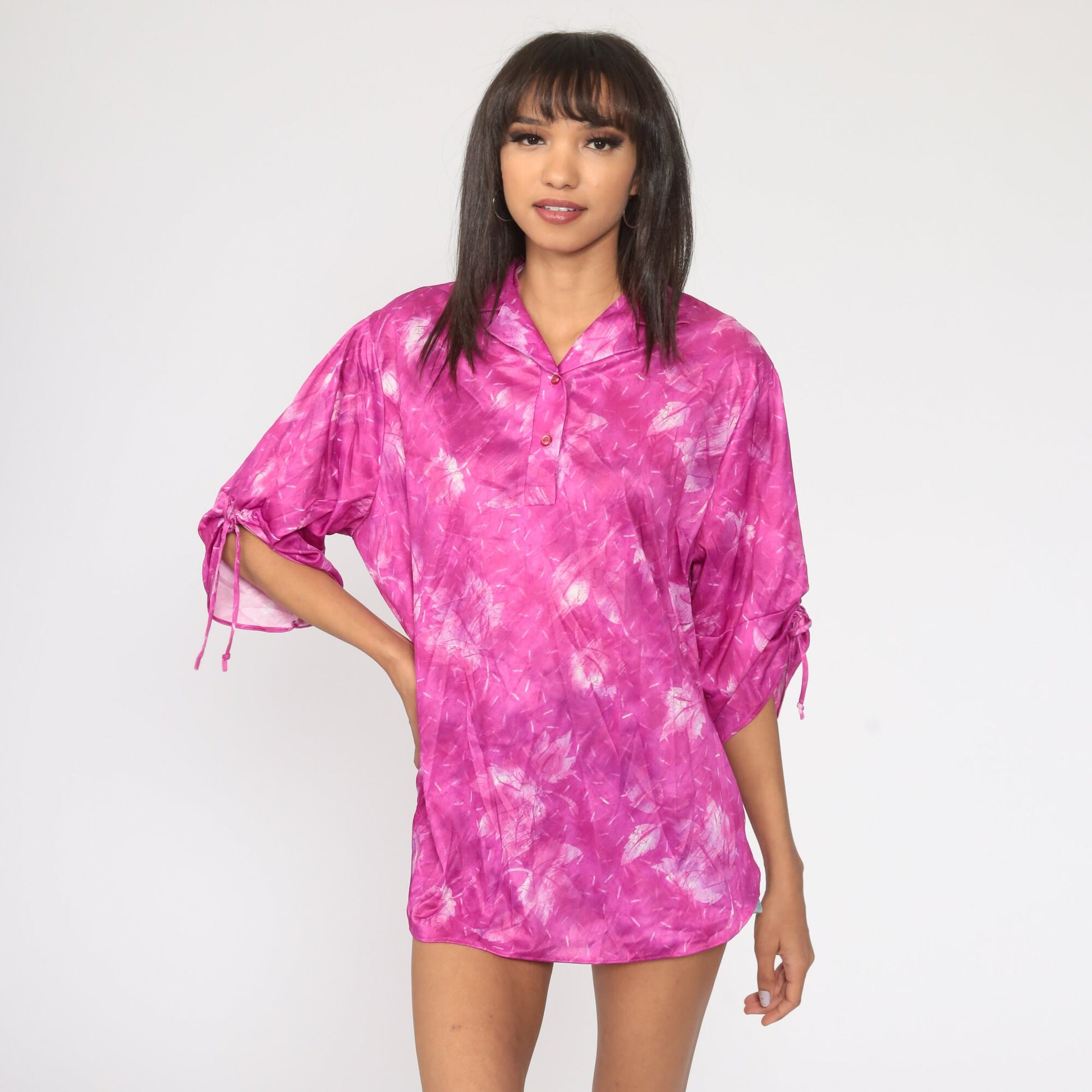 80s Purple Leaf Print Button-Up Blouse Short Sleeve Shirt Large