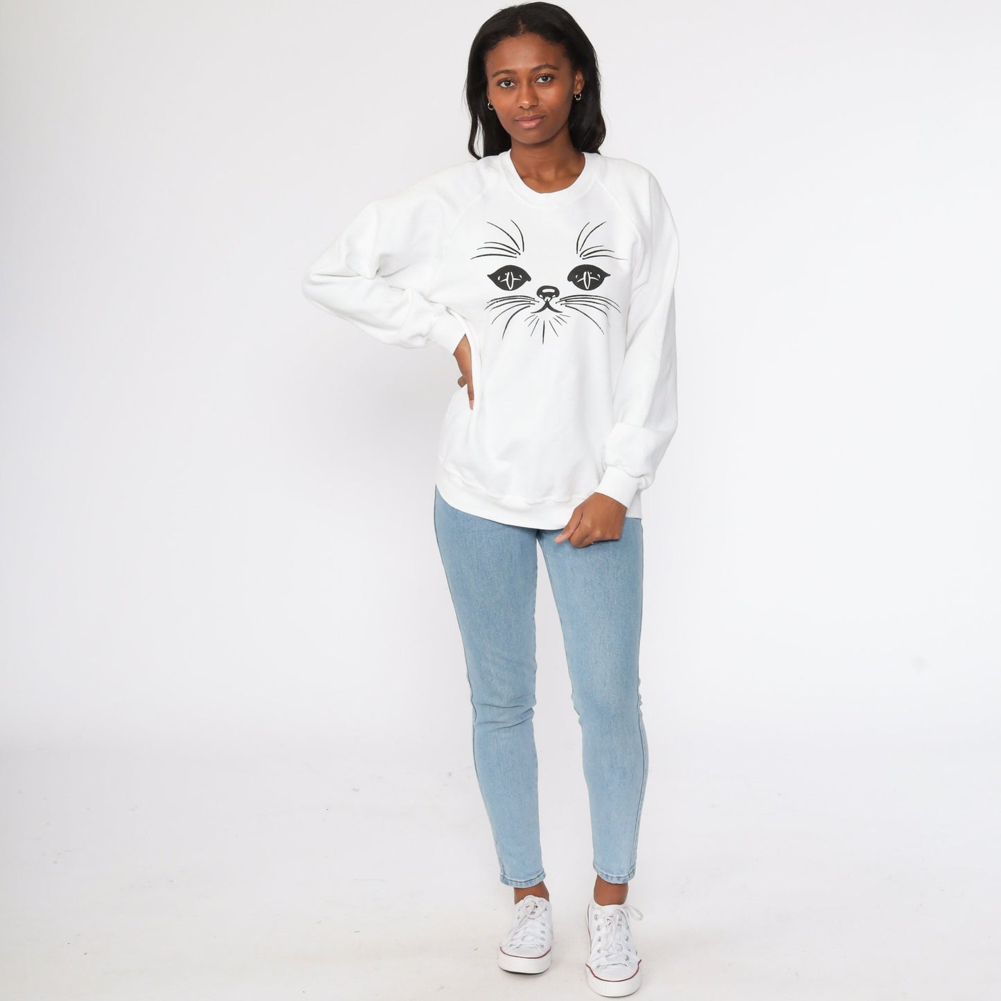 80s Jerzees Cat Face Raglan Sweatshirt White Graphic Crewneck Medium