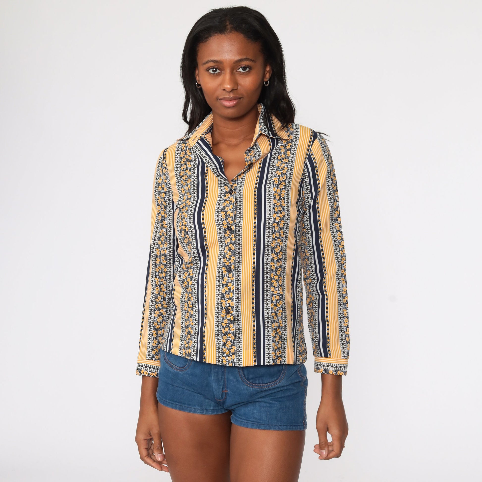 70s Floral Striped Shirt Dagger Collar Yellow Button Up Blouse Small