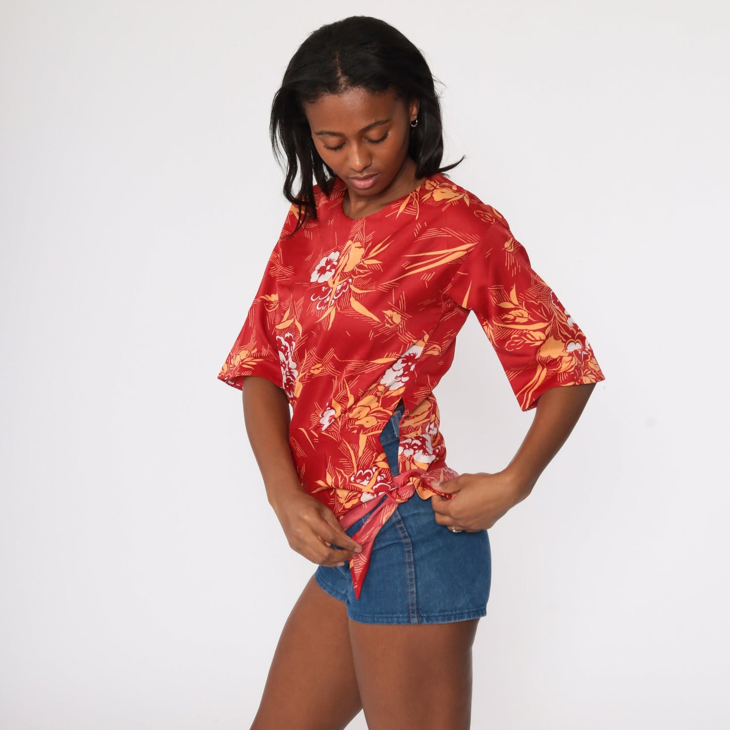 70s Hawaiian Floral Tunic Top Red Print Tie Waist Shirt Small