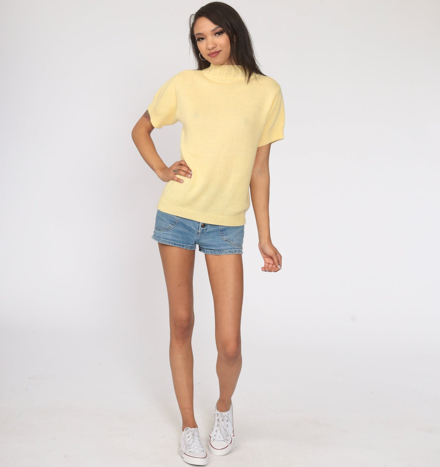 80s Yellow Mock Neck Knit Top Short Sleeve Cable Sweater Small