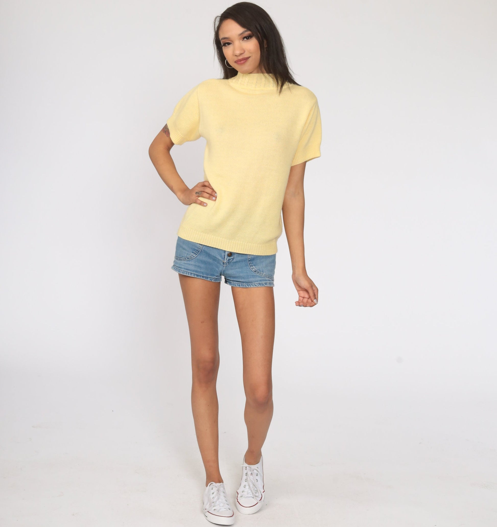80s Yellow Mock Neck Knit Top Short Sleeve Cable Sweater Small