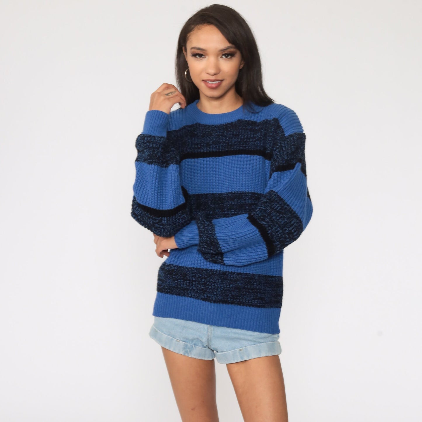 80s Blue Striped Space Dye Knit Sweater Slouchy Pullover Small