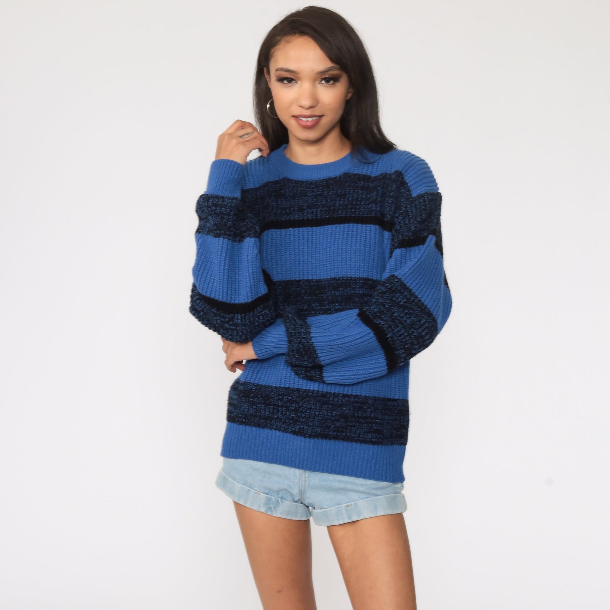 80s Blue Striped Space Dye Knit Sweater Slouchy Pullover Small
