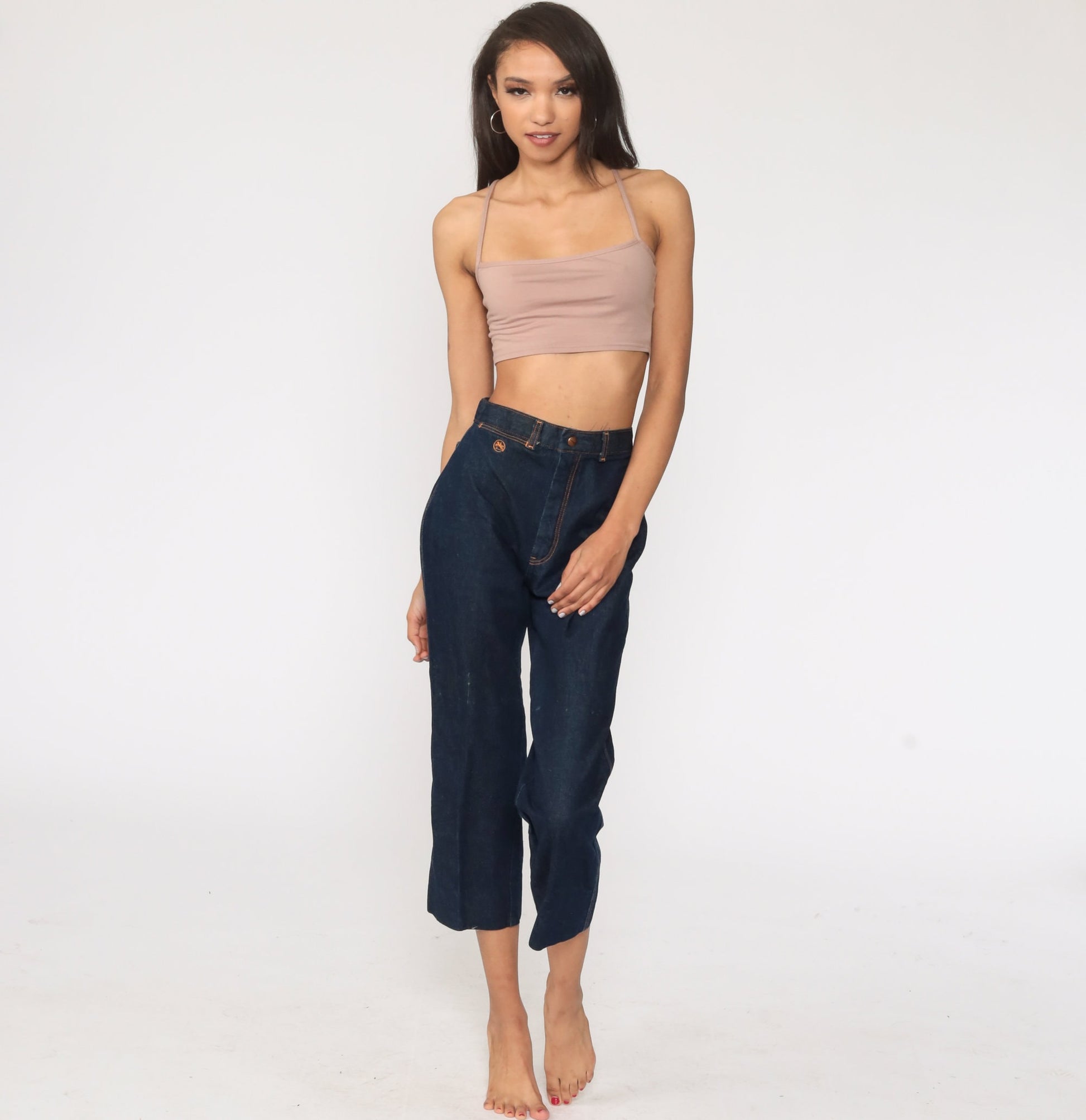 70s High Waisted Straight Leg Cropped Jeans Blue Denim Extra Small