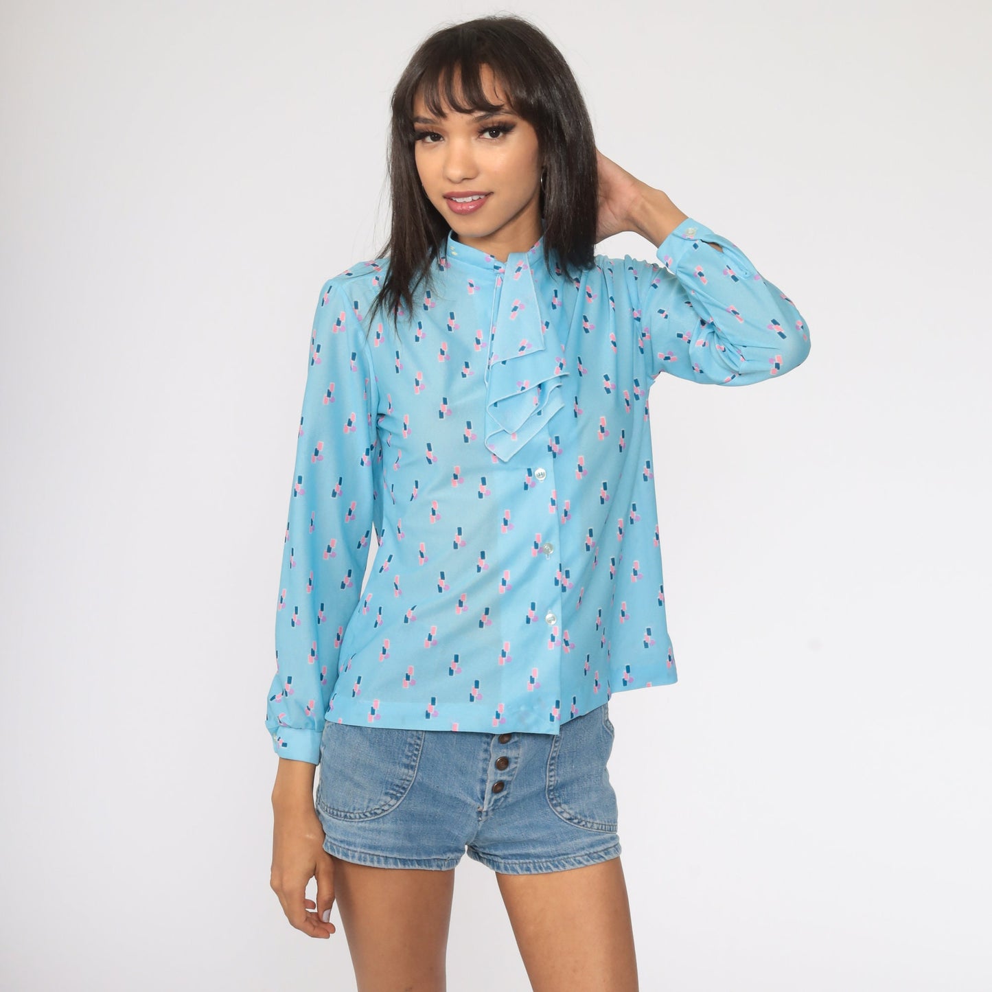 70s-80s Baby Blue Ascot Blouse Long Sleeve Button Up Secretary Shirt Medium