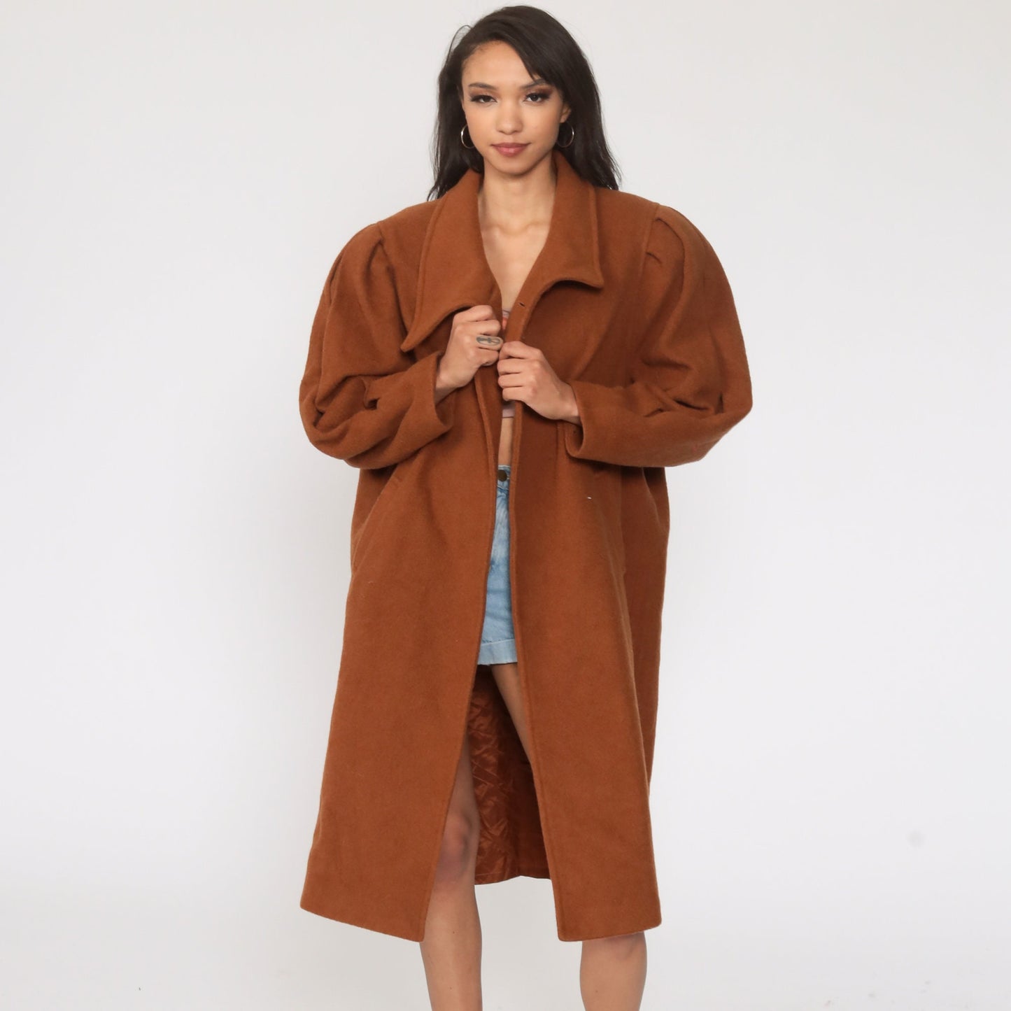 80s Brown Wool Coat Puff Sleeve Single Button Neck Extra Large