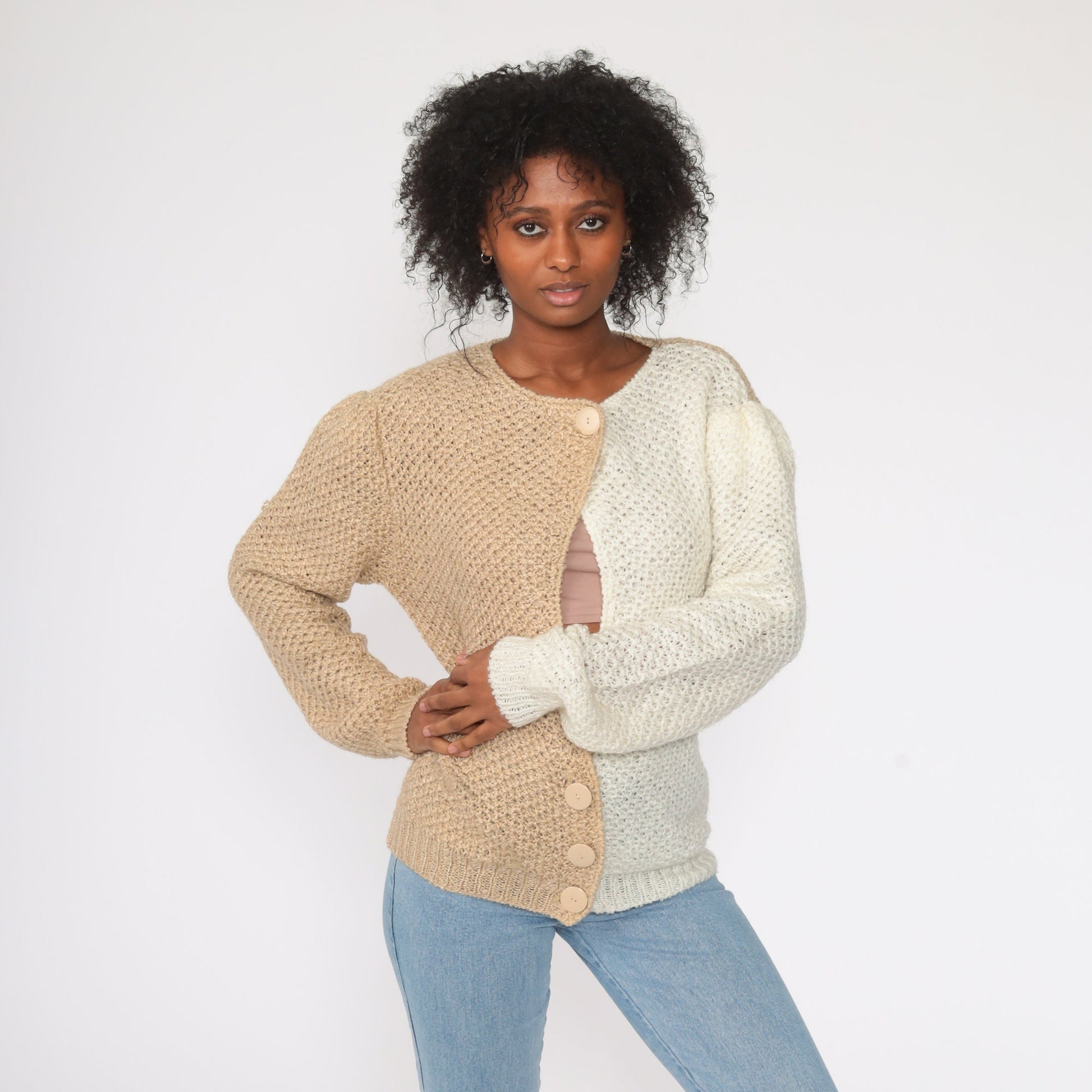80s Color Block Cardigan Sweater Keyhole Puff Sleeve Knit Tan Medium