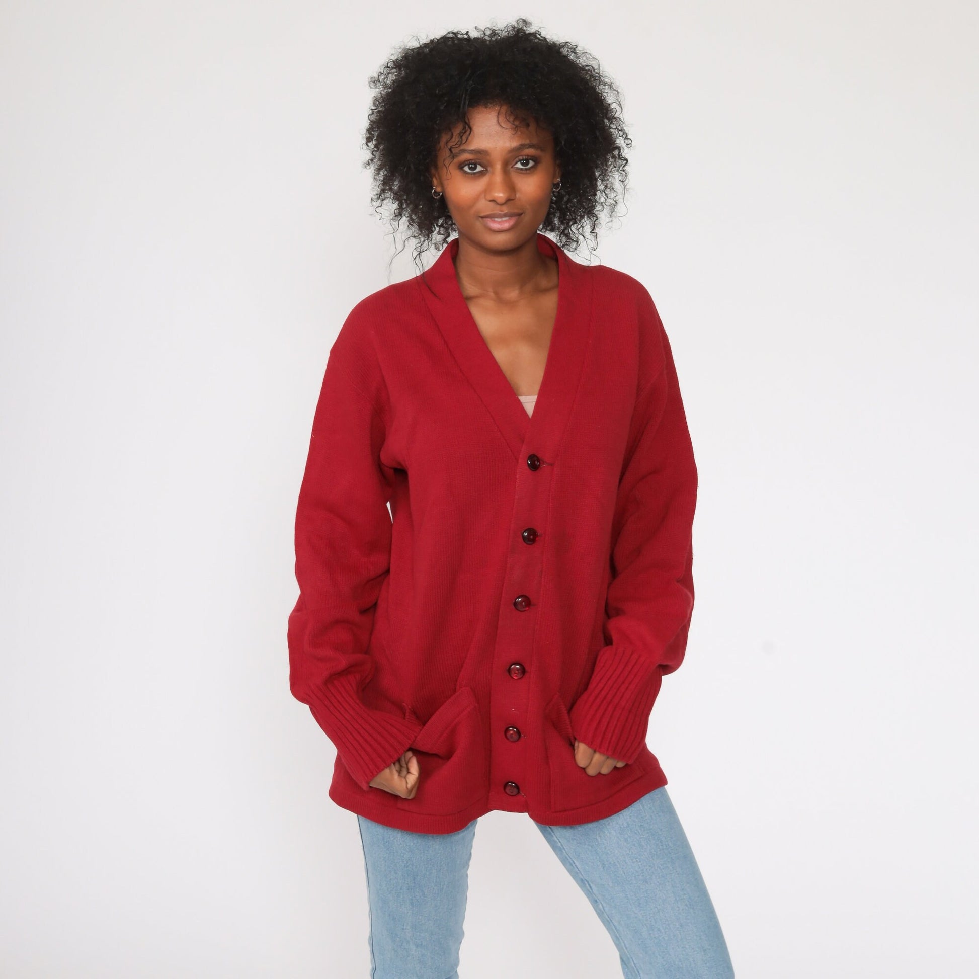 Champion Burgundy Cardigan 1960s Knit Button-Up Unisex Large