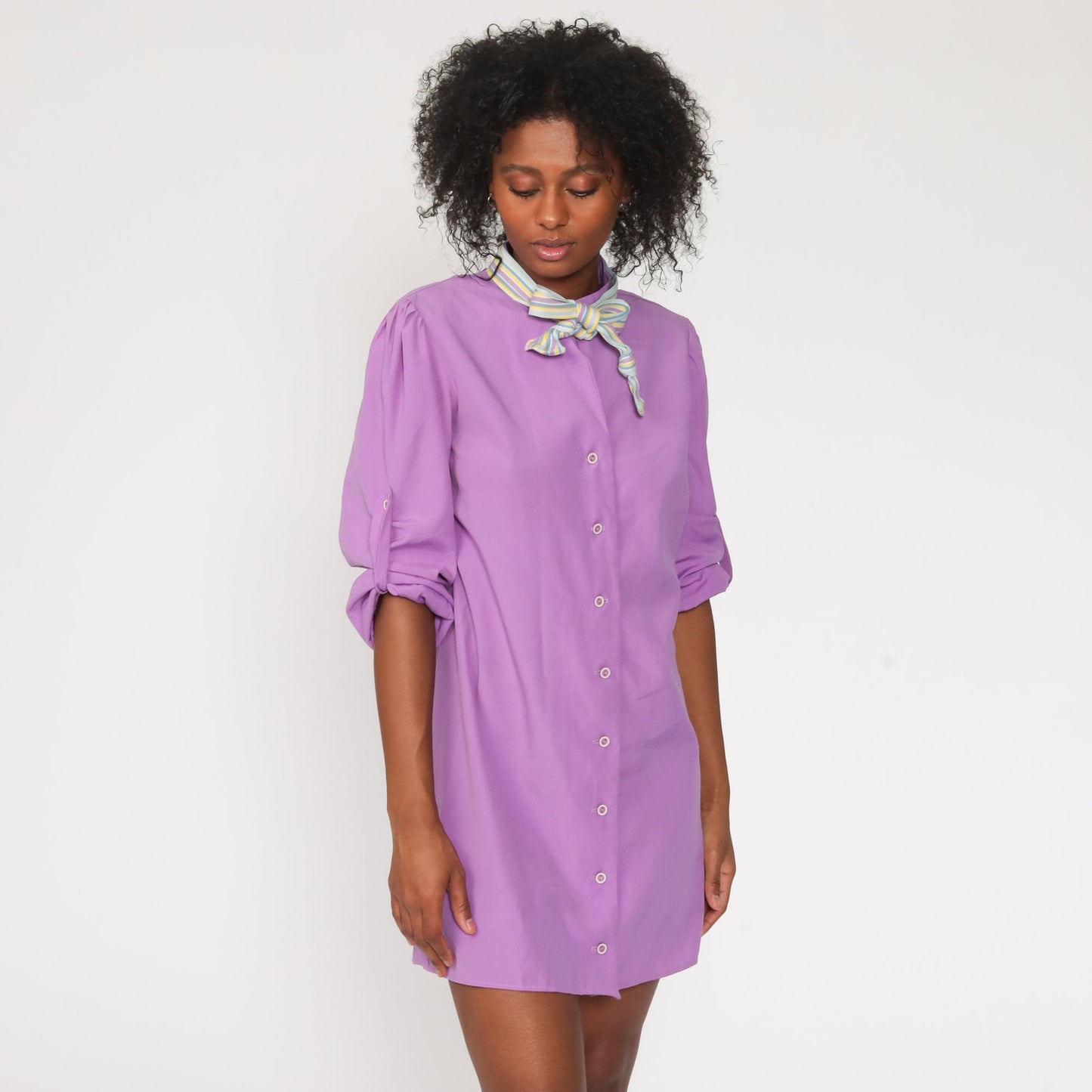 70s Purple Ascot Shift Mini Dress Long Sleeve Button Up Small Medium