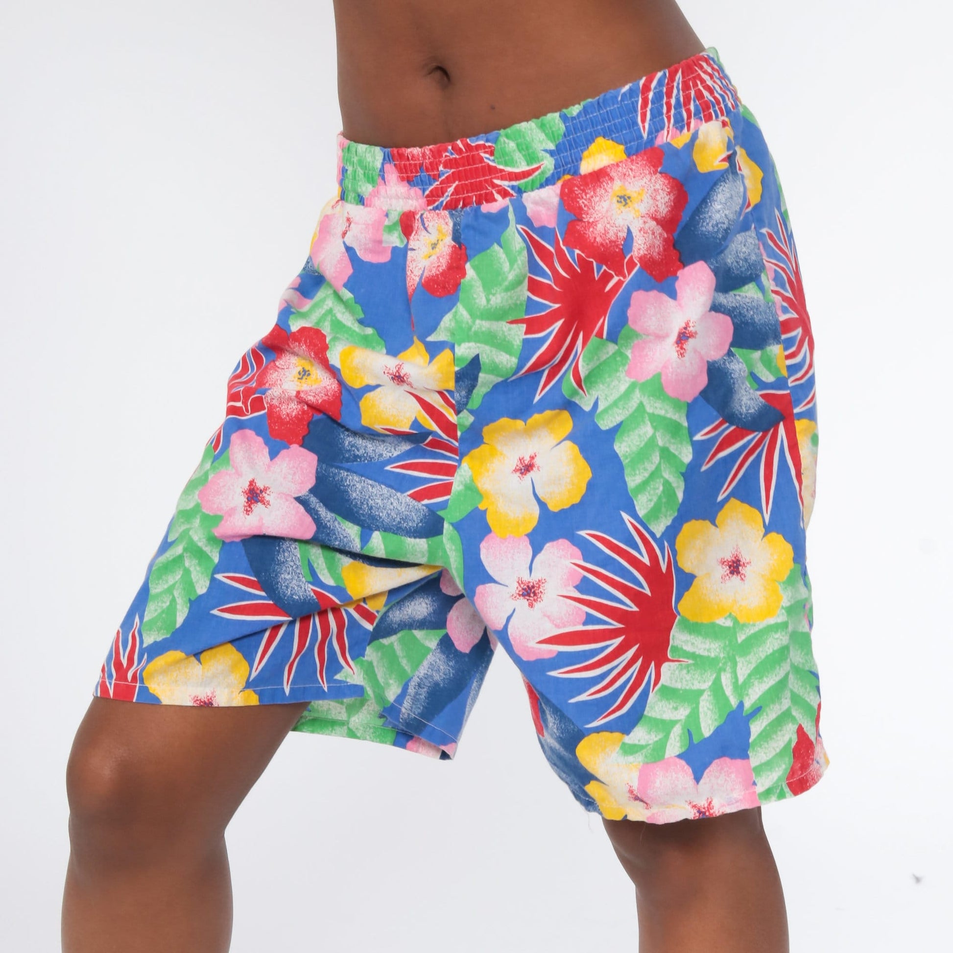 90s Tropical Floral High-Waist Shorts Cotton Blue Extra Large XXL