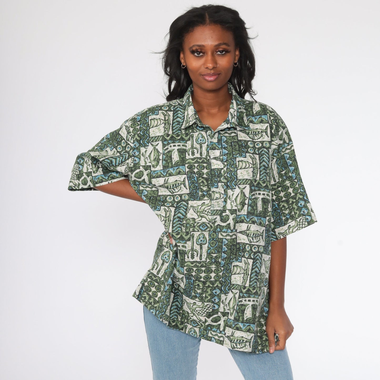 90s Tropical Fish Print Hawaiian Shirt Cotton Button Up Plus Size XXL