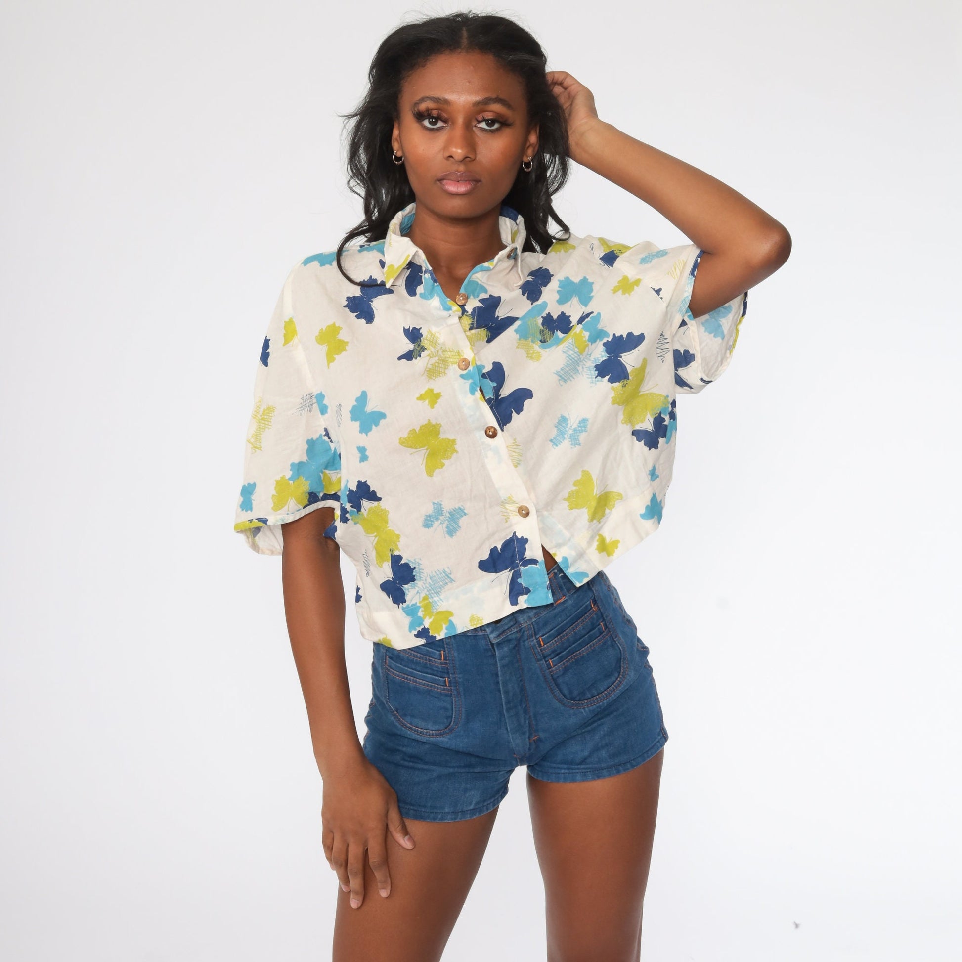 00s Tropical Butterfly Button Up Shirt Beige Blue Cotton Large
