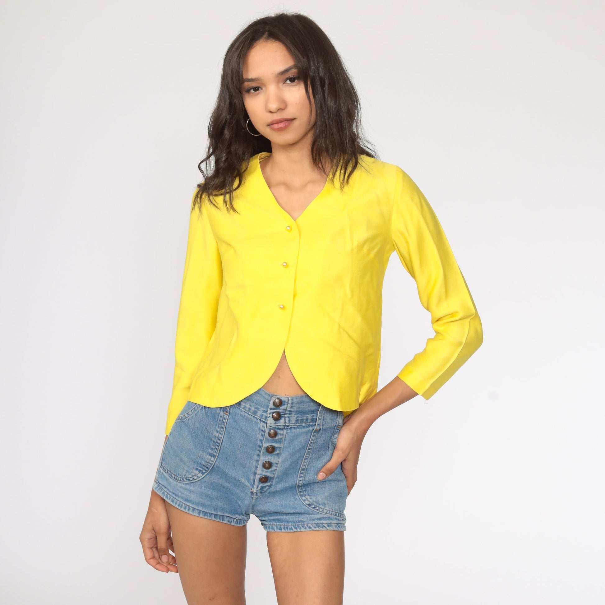 60s Yellow Mod Blazer Cropped Pearl Button Jacket Small