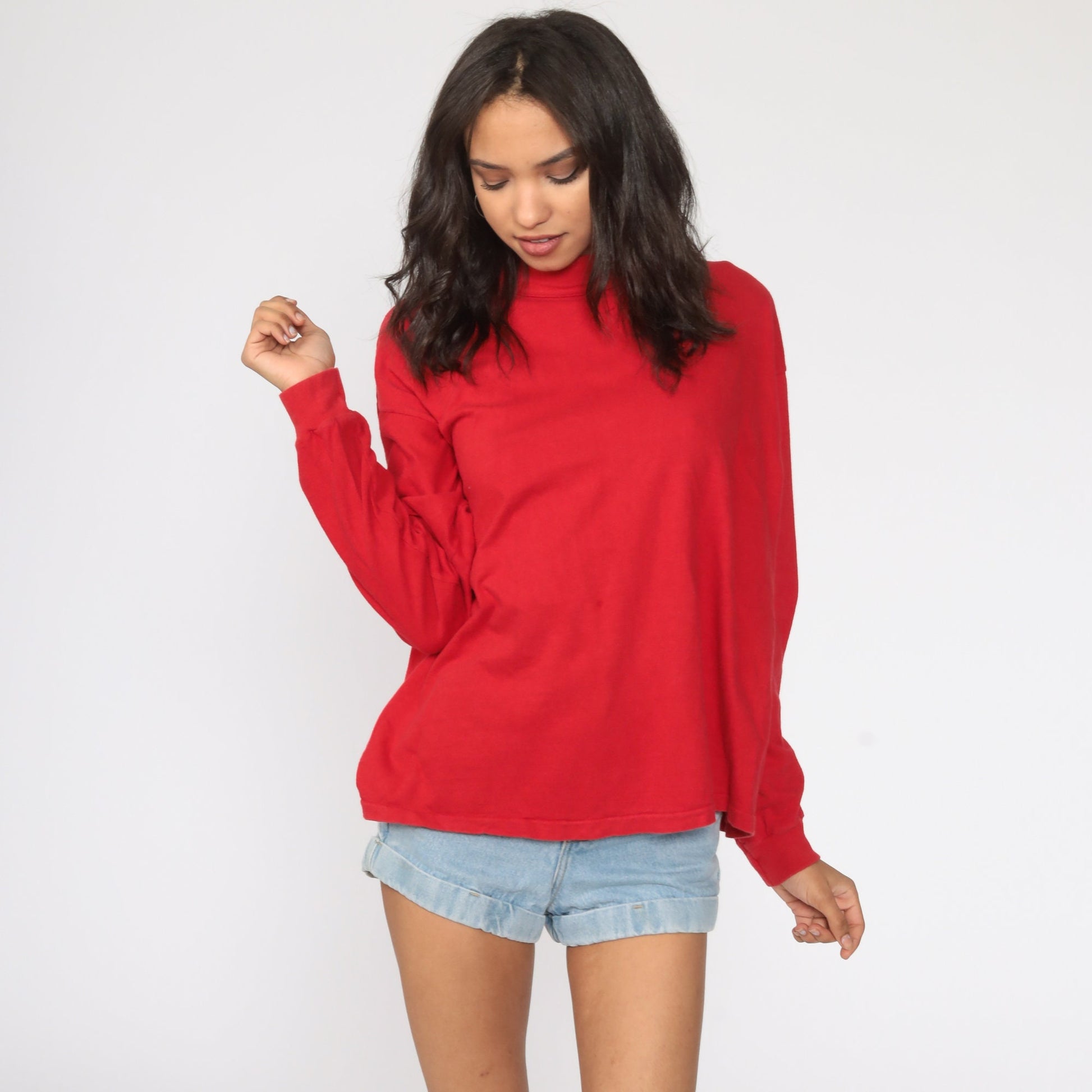 80s Plain Red Long Sleeve Cotton T-Shirt Medium