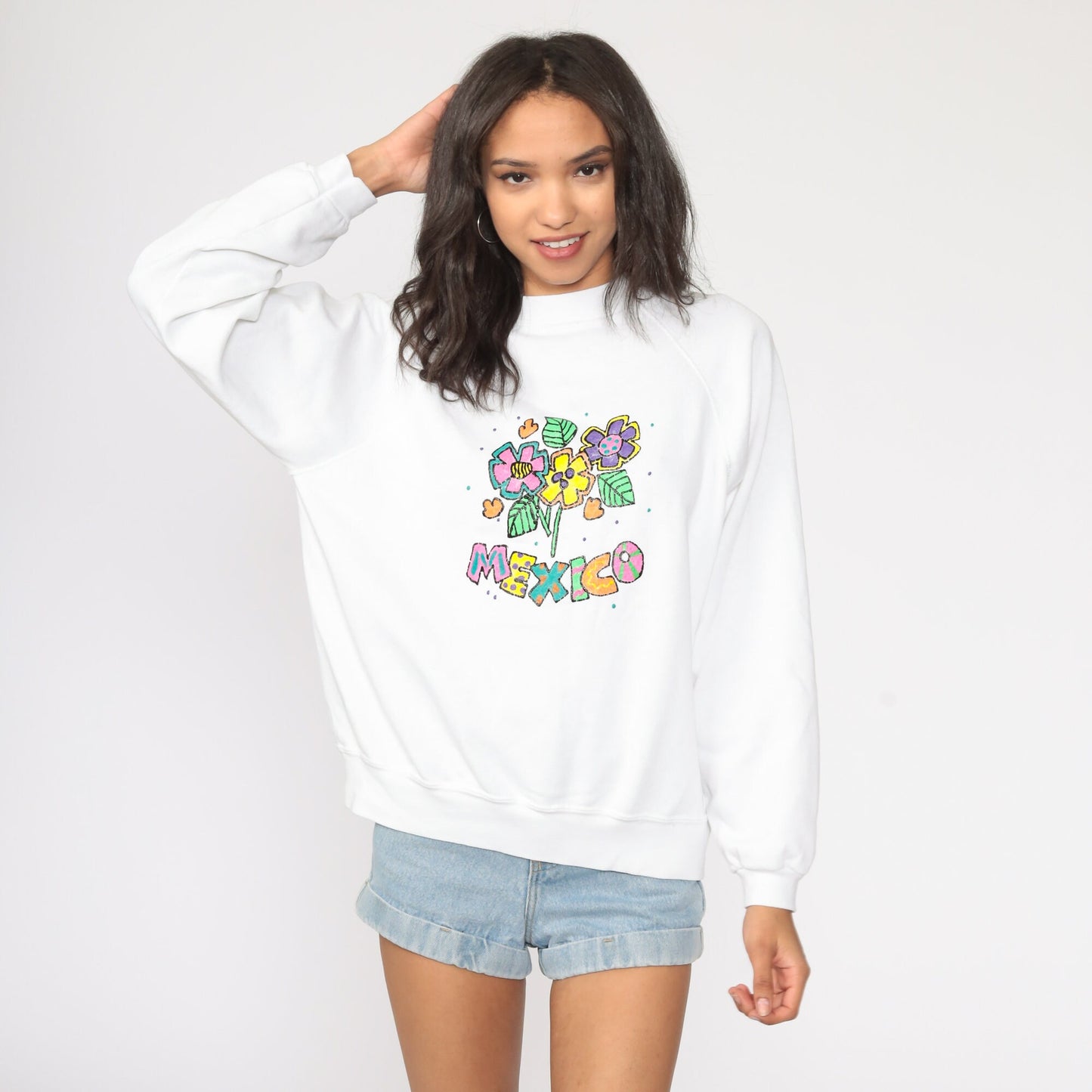 80s Mexico Hand Painted Raglan Sweatshirt White Neon Graphic Cotton Medium