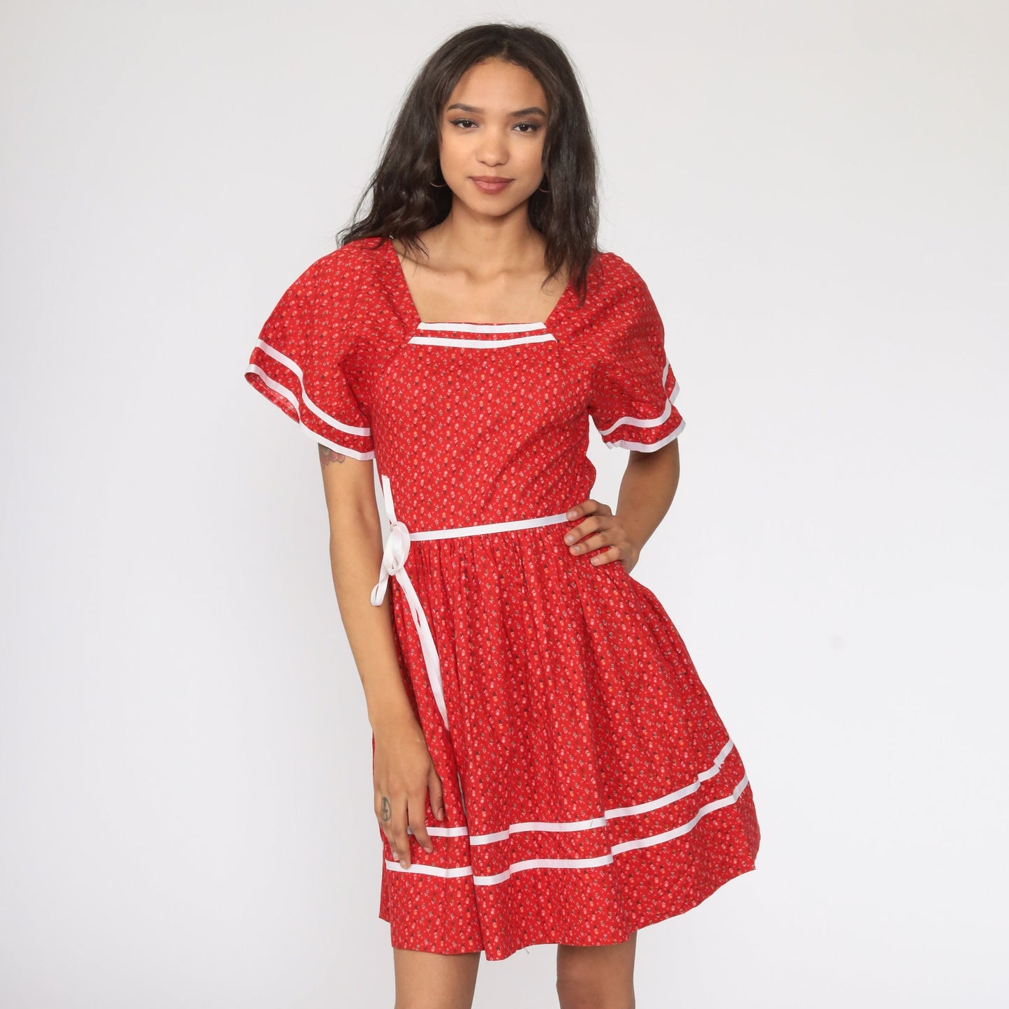 70s Red Calico Floral Mini Dress High Waist Short Sleeve Extra Small