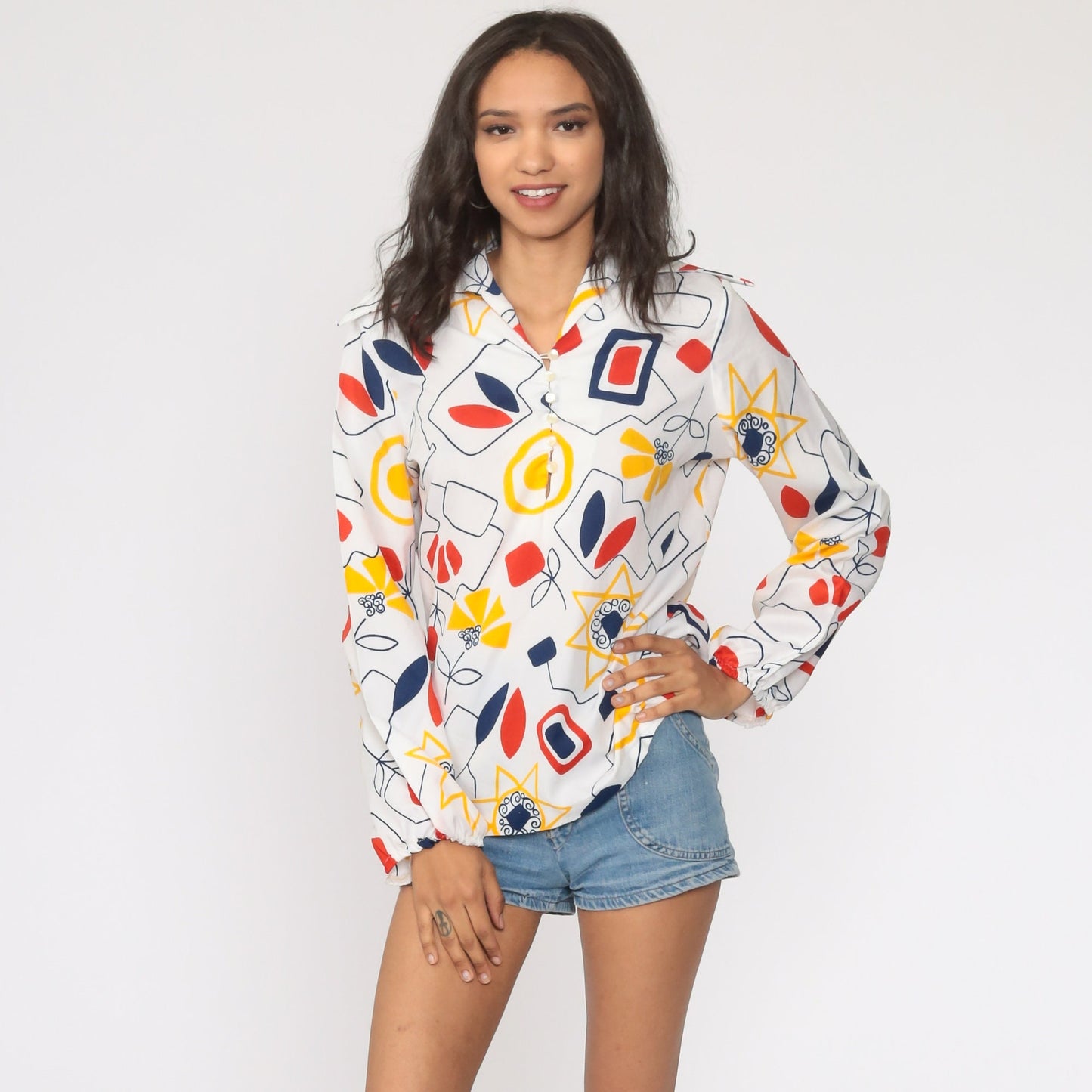 70s Floral Shirt Dagger Collar Button Up Blouse White Geometric Long Sleeve Medium