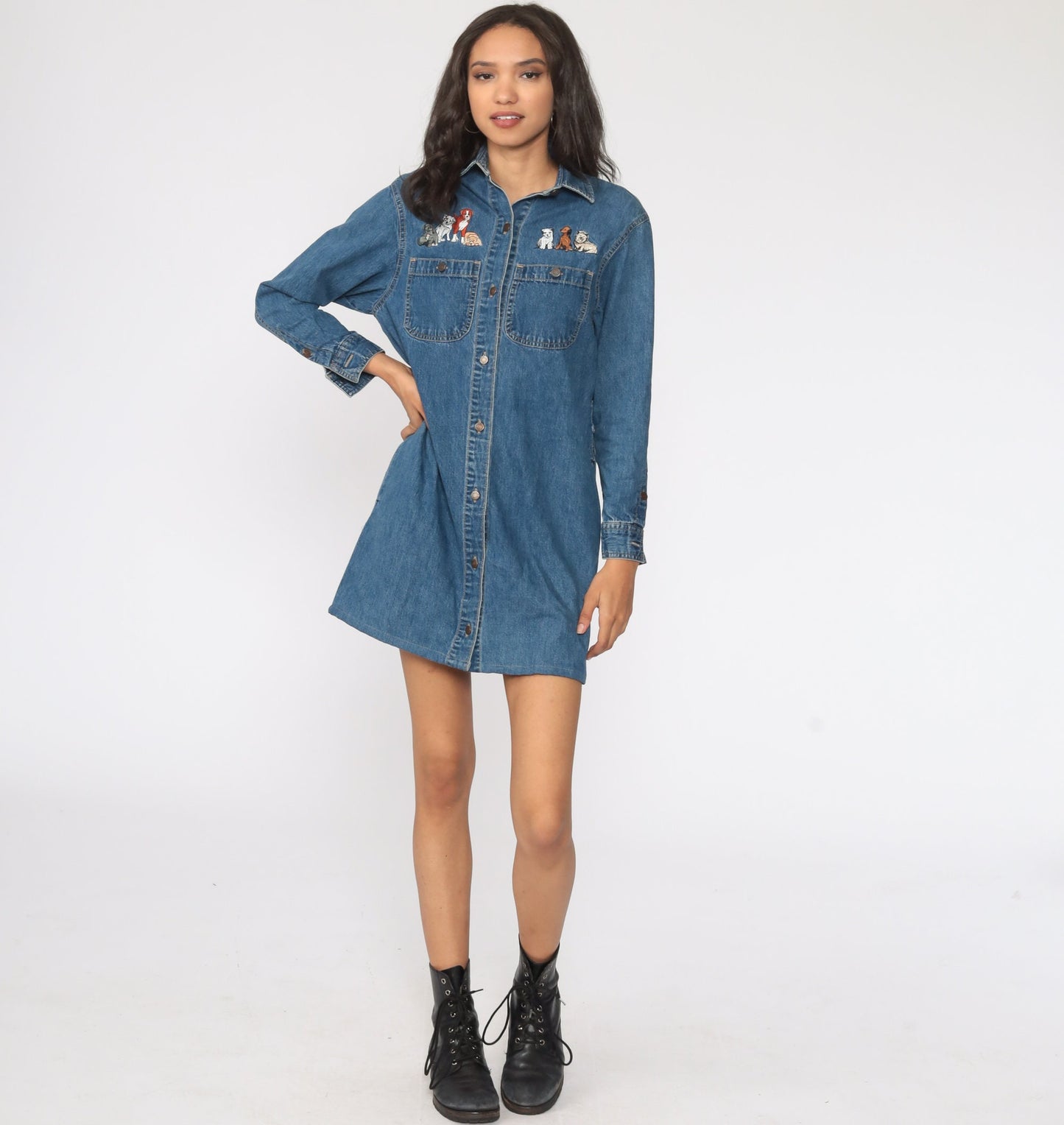 90s Calvin Klein Denim Mini Dress Embroidered Dogs Blue Button-Up Small