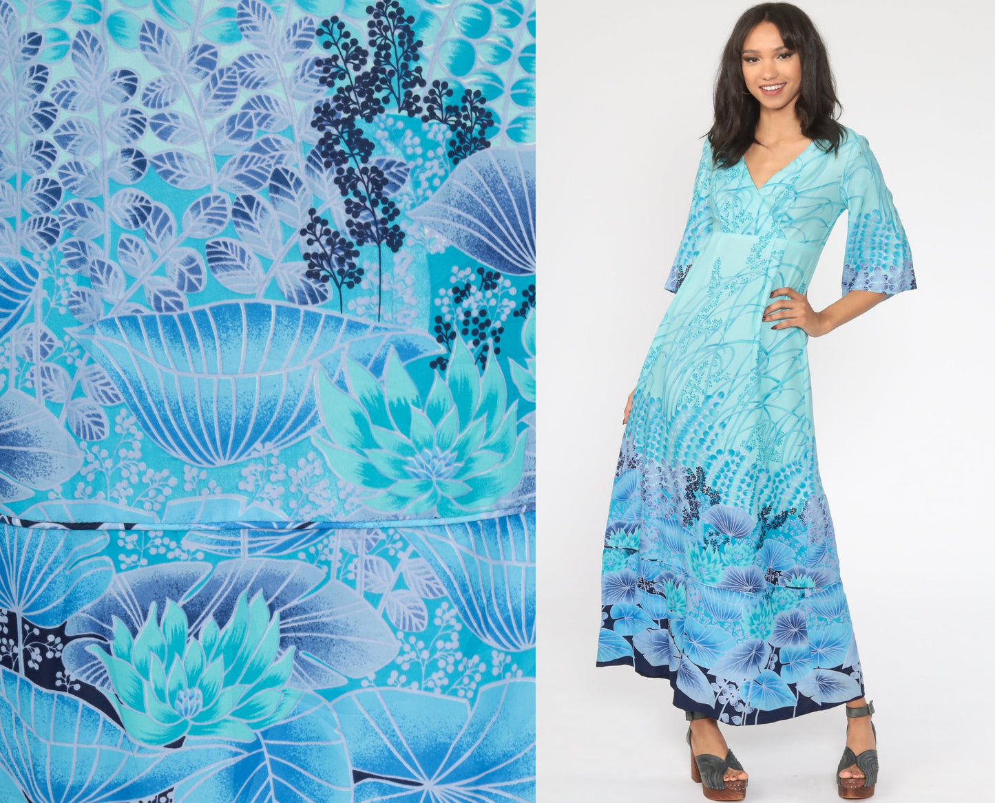70s Blue Floral Maxi Dress Angel Sleeve Empire Waist Deep V Neck Small