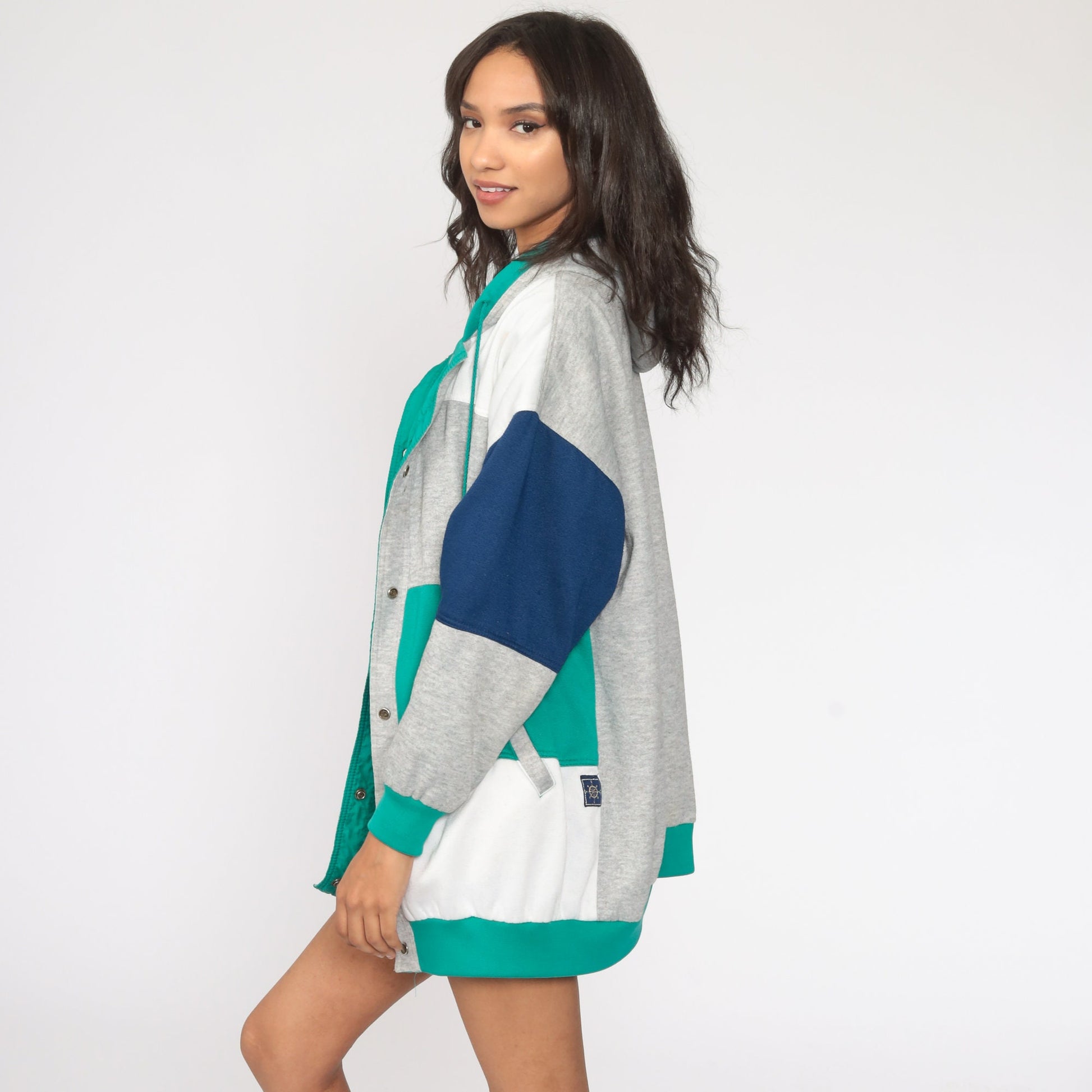 80s Reversible Hooded Windbreaker Nylon Green Grey Color Block Jacket